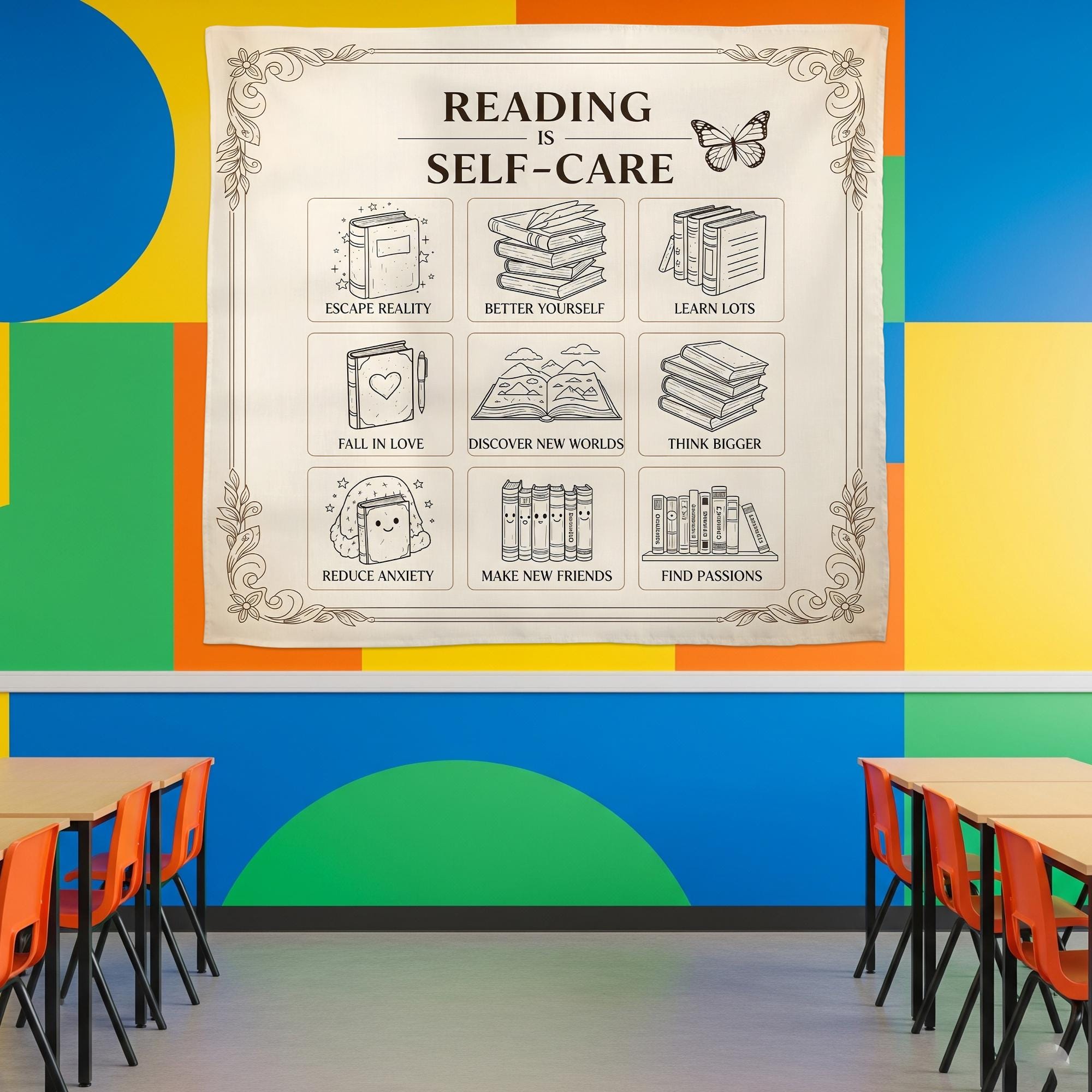 Reading Is Self Care Classroom Decor, Book Lover Gift, Classroom Tapestry, Groovy Classroom Banner,Reading Teacher Gift,Teacher Appreciation