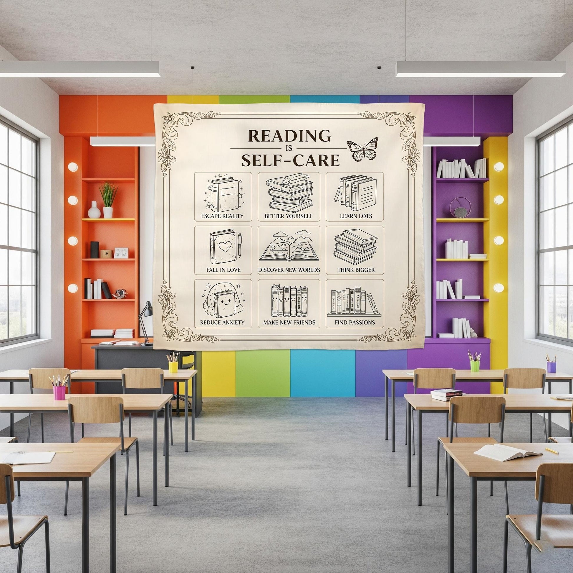 Reading Is Self Care Classroom Decor, Book Lover Gift, Classroom Tapestry, Groovy Classroom Banner,Reading Teacher Gift,Teacher Appreciation