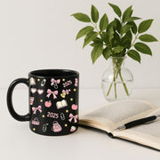 Teacher Mug 2025 – Cute Black Coffee Cup with Books, Bows, and School Icons, Back to School Gift for Teachers and Educators