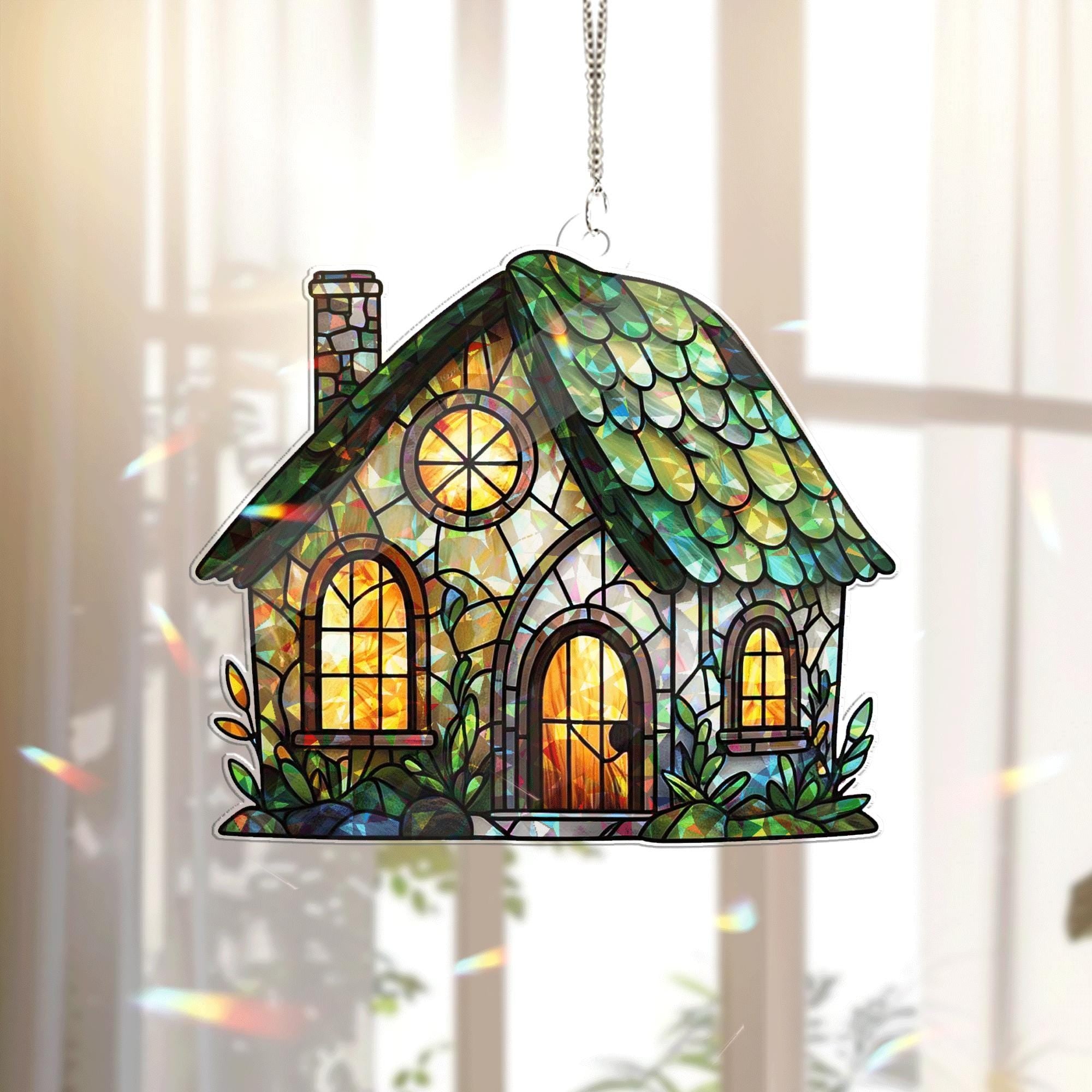Cottage House Acrylic Window Hanging – Whimsical Stained Glass Style Home Decor, Sun Catcher Gift for Garden and Nature Lovers