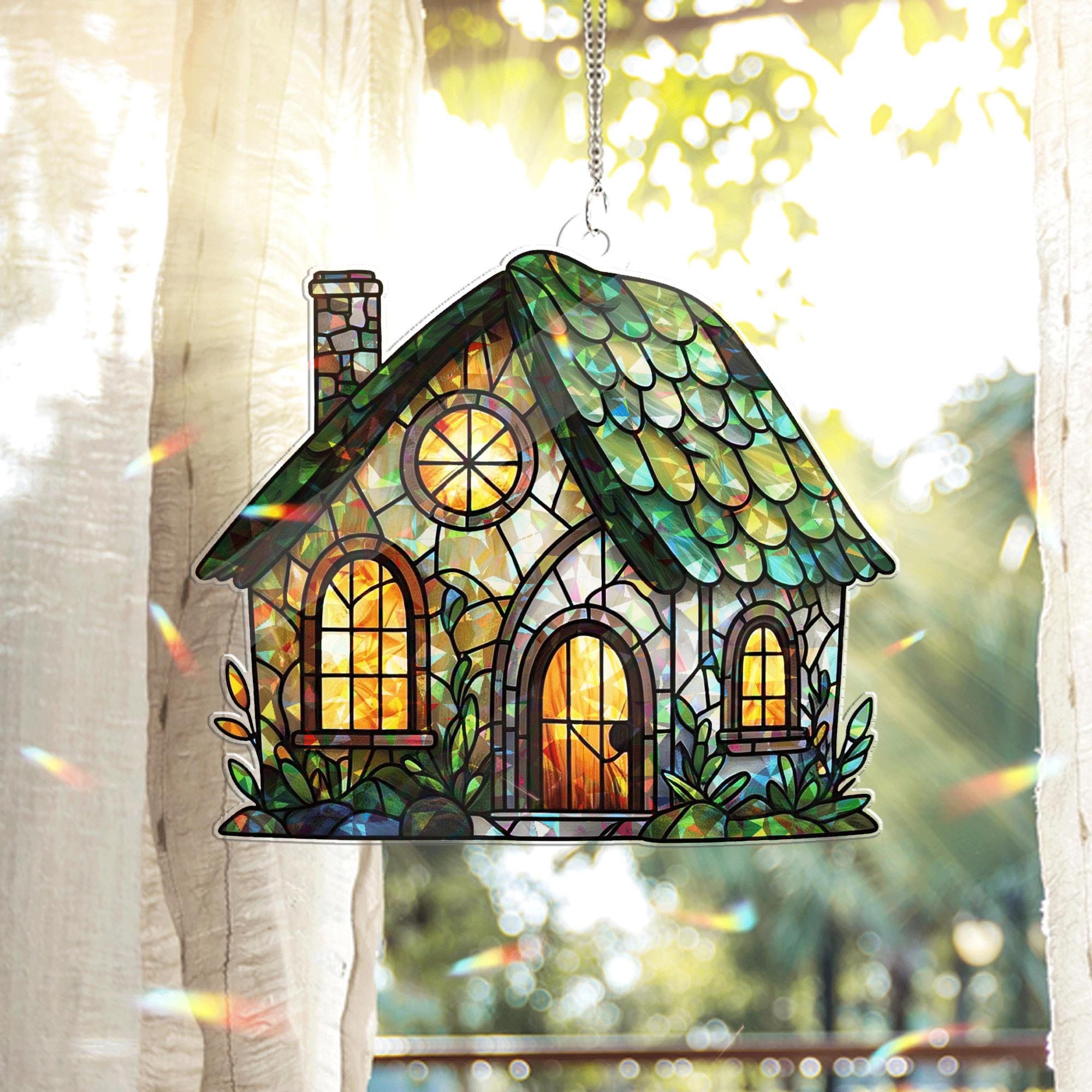 Cottage House Acrylic Window Hanging – Whimsical Stained Glass Style Home Decor, Sun Catcher Gift for Garden and Nature Lovers