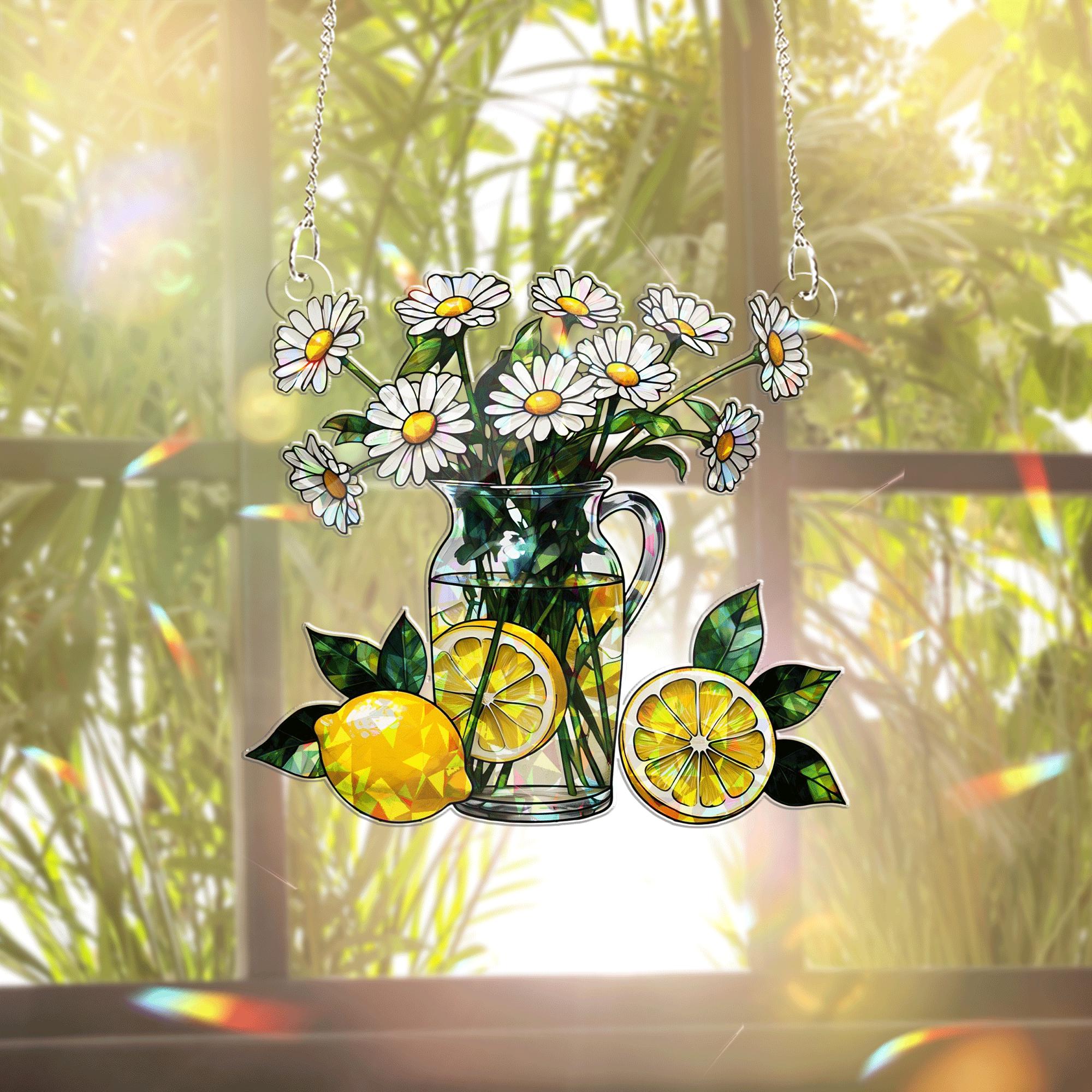 Summer Lemon Daisy Acrylic Window Hanging – Stained Glass Style Suncatcher, Bright Floral Decor for Kitchen or Garden Window Gift