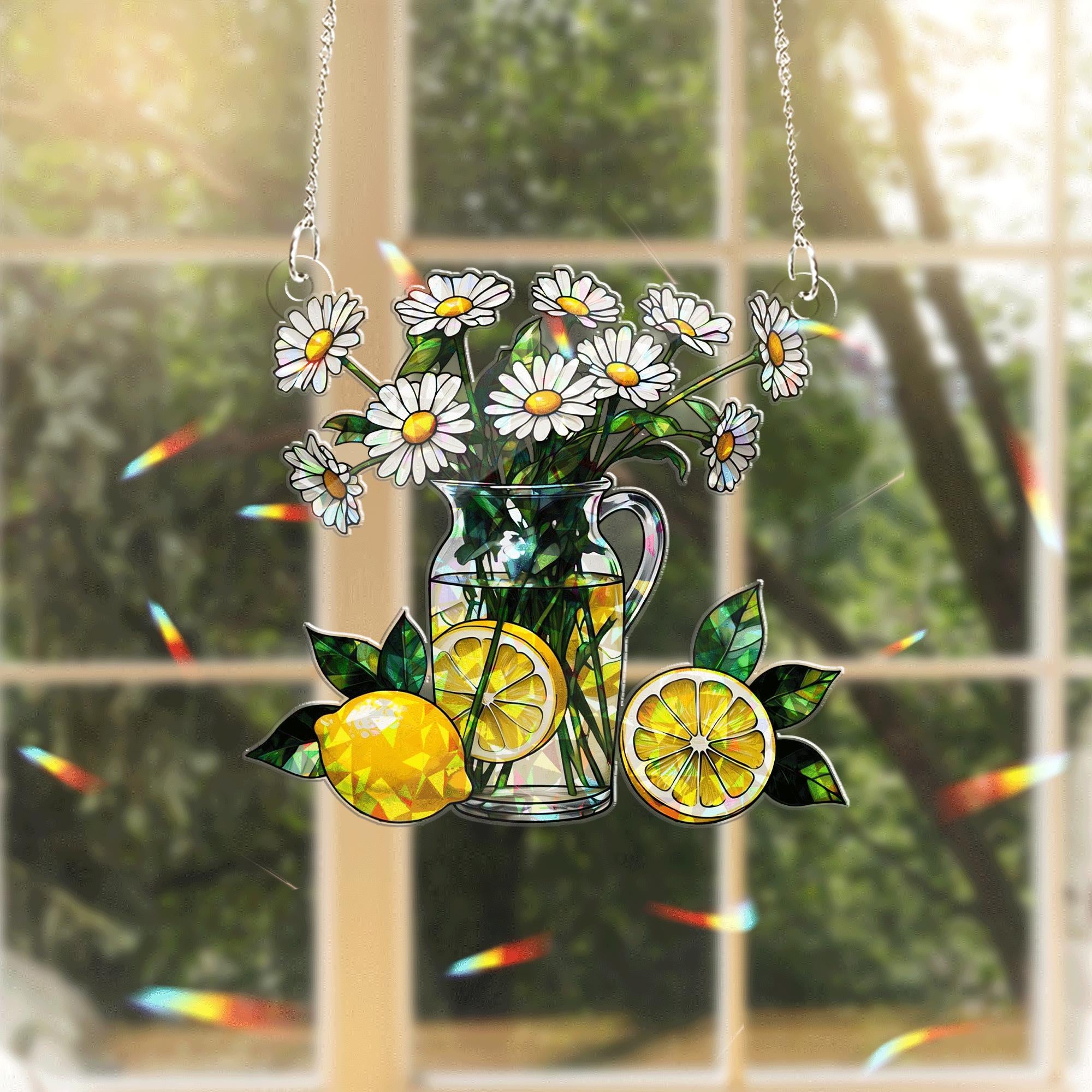 Summer Lemon Daisy Acrylic Window Hanging – Stained Glass Style Suncatcher, Bright Floral Decor for Kitchen or Garden Window Gift