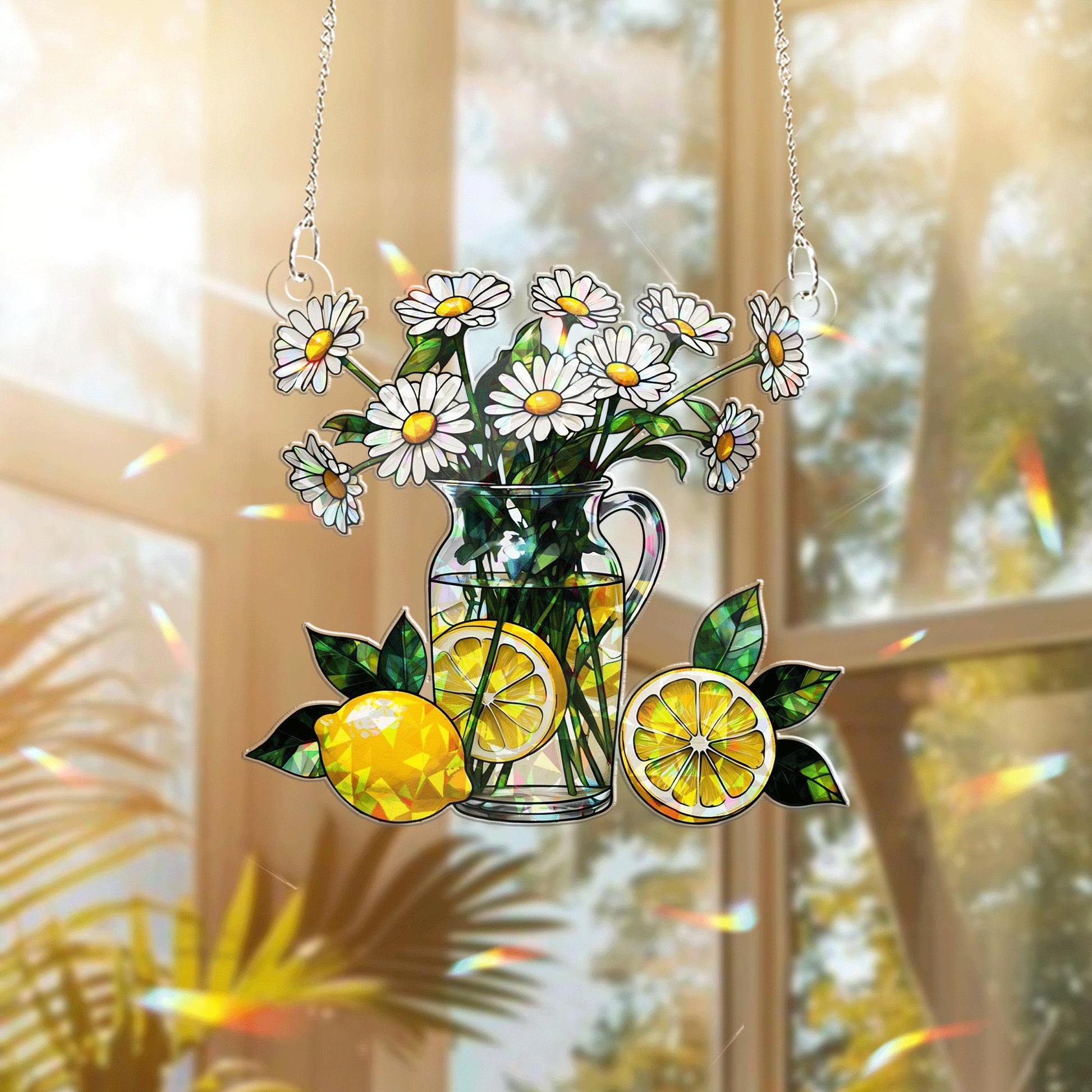 Summer Lemon Daisy Acrylic Window Hanging – Stained Glass Style Suncatcher, Bright Floral Decor for Kitchen or Garden Window Gift