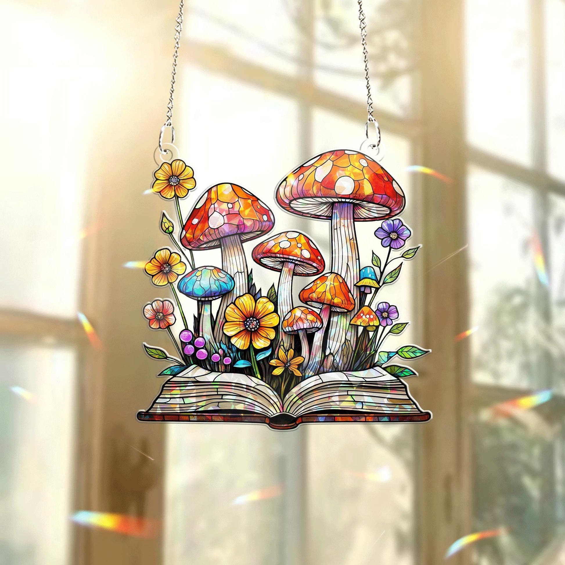 Mushroom Book Acrylic Window Hanging – Whimsical Teacher Gift, Botanical Suncatcher, Classroom Nature Decor for Book and Plant Lovers