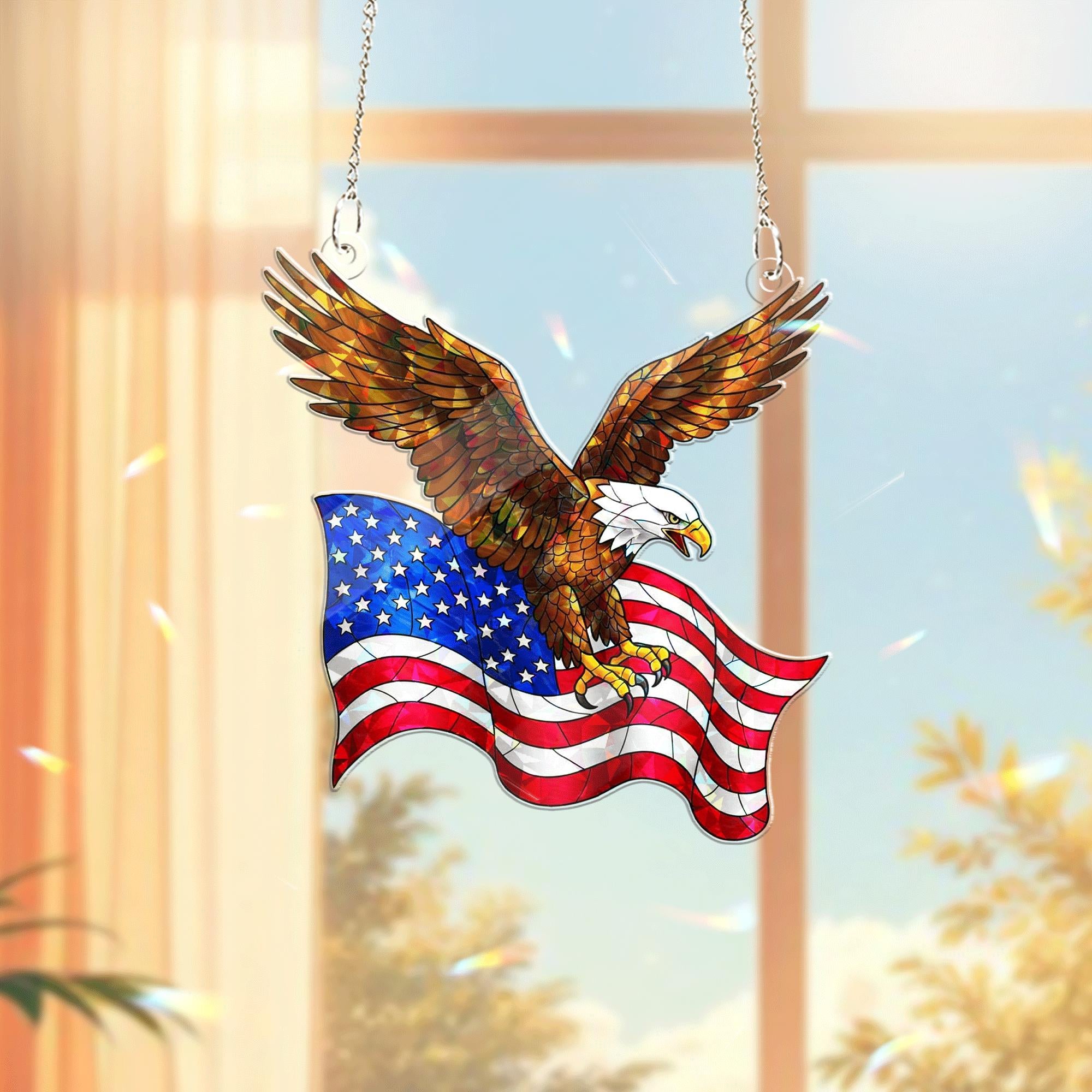 Patriotic Bald Eagle Acrylic Window Hanging – American Flag Suncatcher for 4th of July Decor, Independence Day Home Accent Gift