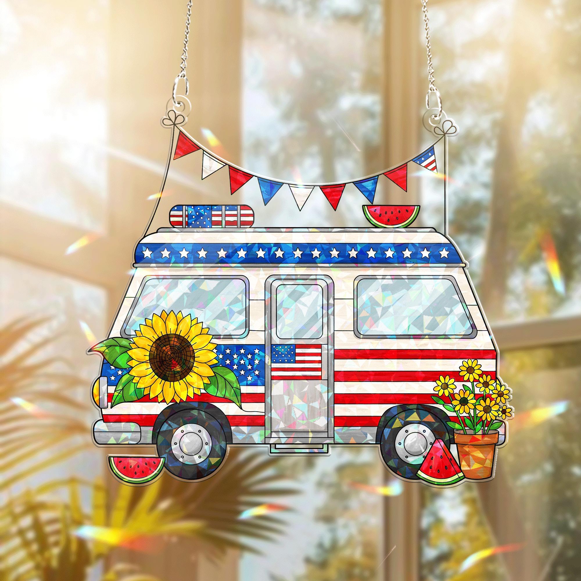 Patriotic Camper Acrylic Window Hanging – 4th of July Summer Decor with Sunflowers, Watermelons & USA Flag for Home or RV
