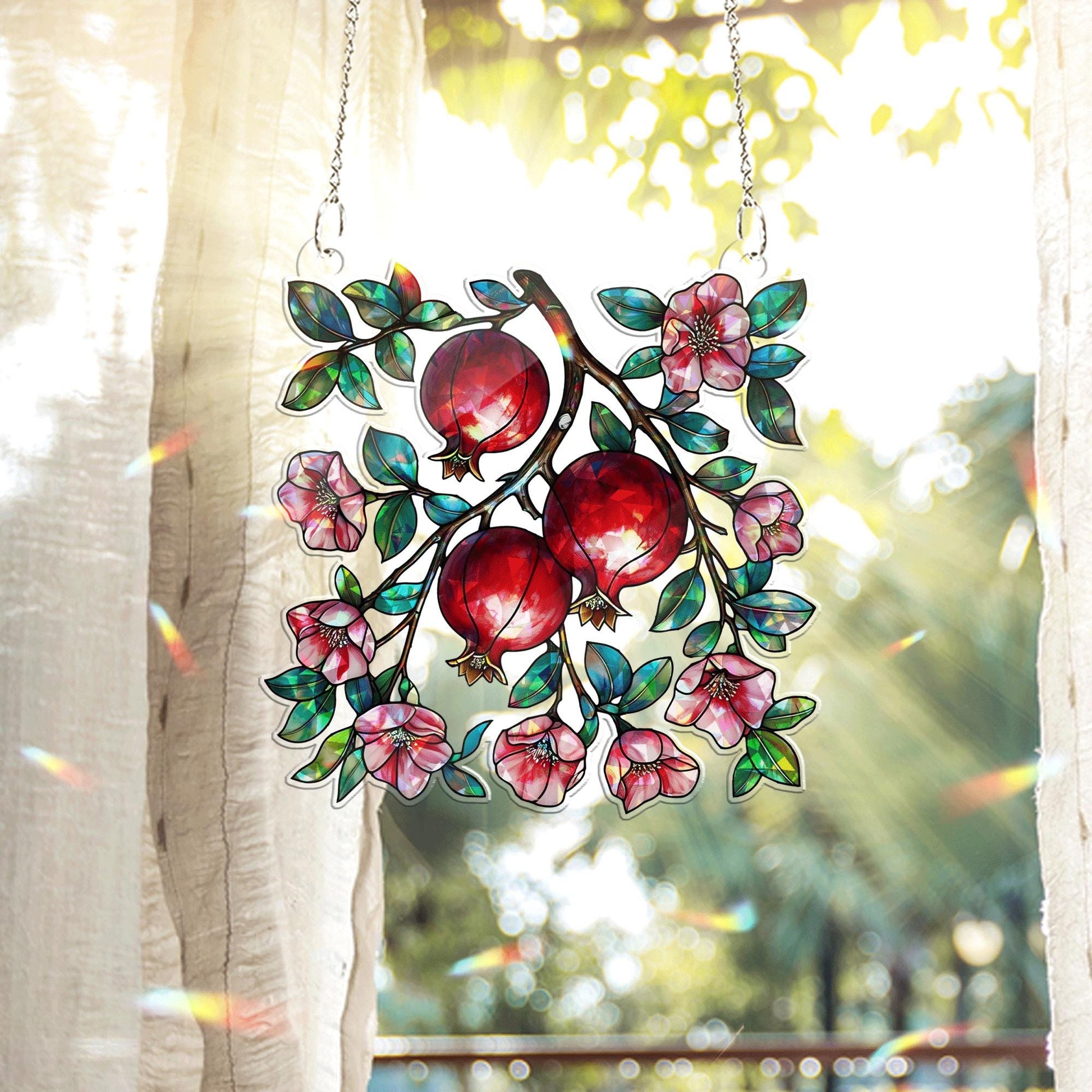 Pomegranate Floral Acrylic Window Hanging – Vibrant Fruit & Blossom Suncatcher for Kitchen, Garden, or Summer Home Decor Gift