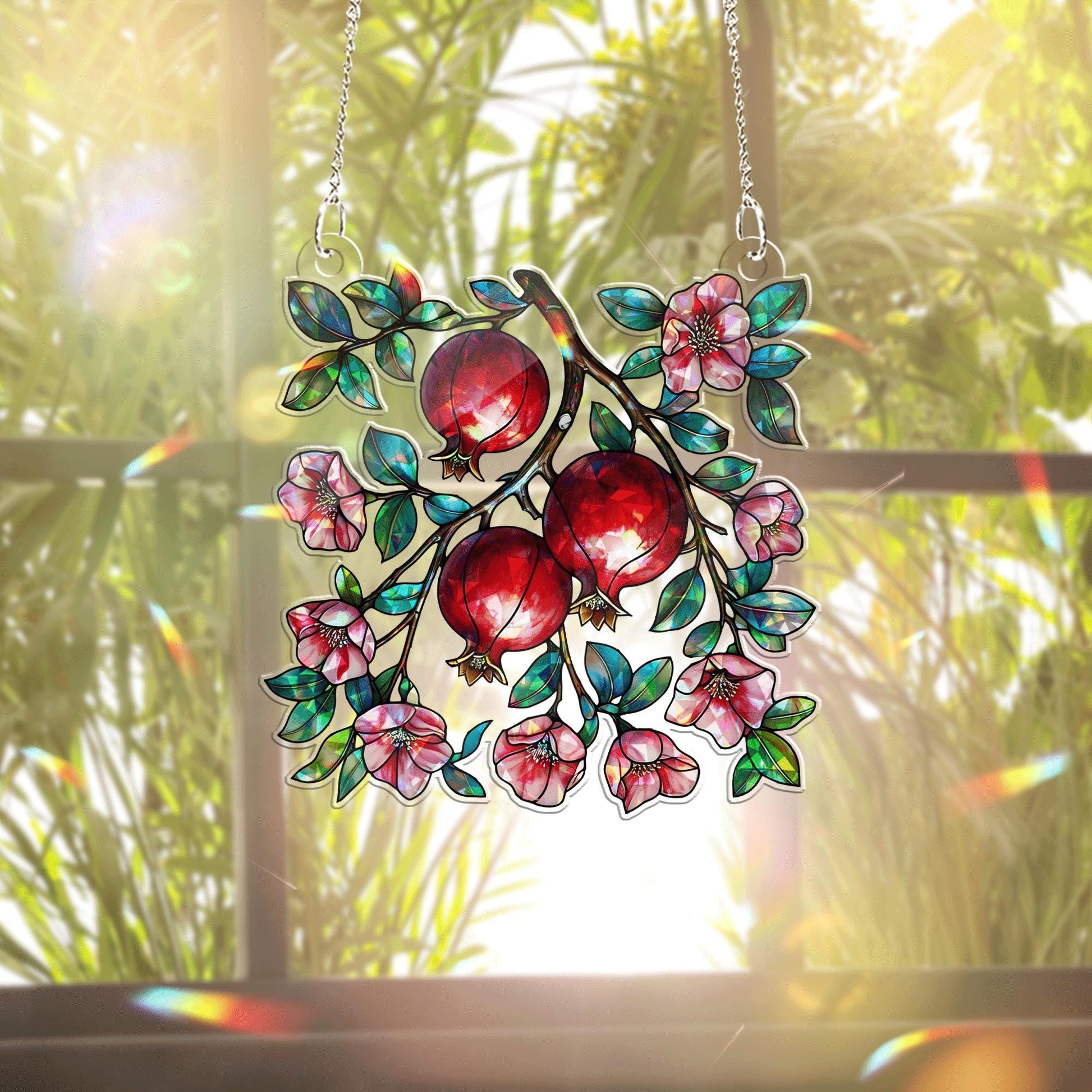 Pomegranate Floral Acrylic Window Hanging – Vibrant Fruit & Blossom Suncatcher for Kitchen, Garden, or Summer Home Decor Gift