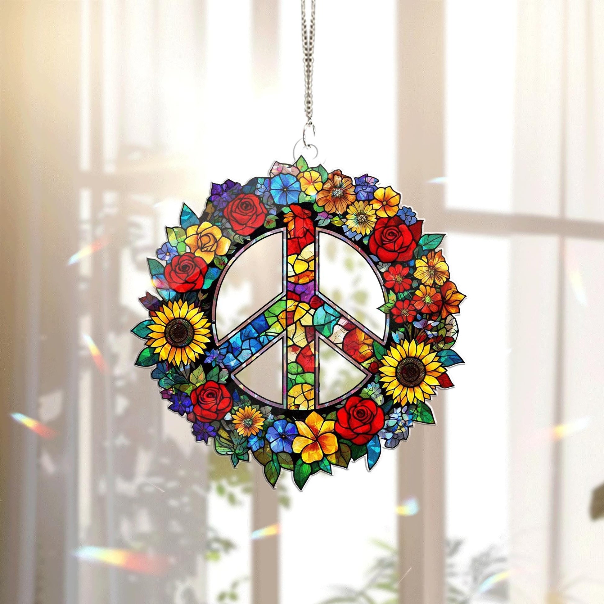 Peace Sign Floral Acrylic Window Hanging – Boho Hippie Suncatcher Rainbow Flower Wreath Home Decor Gift for Summer and Nature Lovers