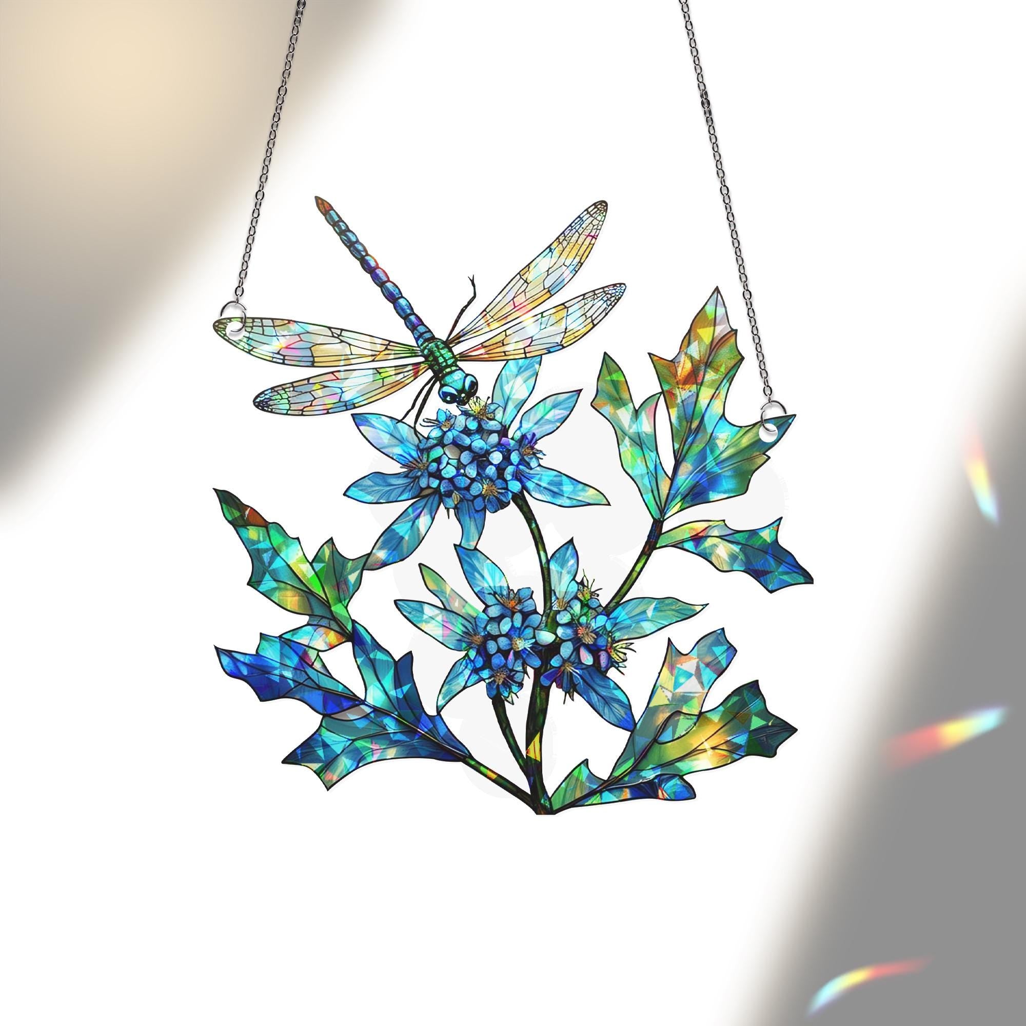 Blue Floral Dragonfly Acrylic Window Hanging – Stained Glass Style Sun Catcher for Nature Lovers, Garden Decor, Summer Home Gift