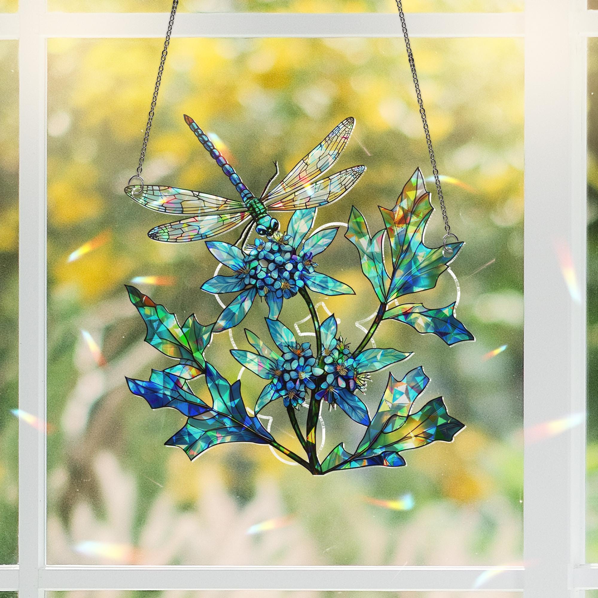 Blue Floral Dragonfly Acrylic Window Hanging – Stained Glass Style Sun Catcher for Nature Lovers, Garden Decor, Summer Home Gift