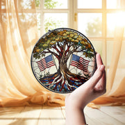 Patriotic Oak Tree and American Flag Glass Suncatcher | 4th of July Window Decor | USA Freedom Sun Catcher | Veteran Gift Idea