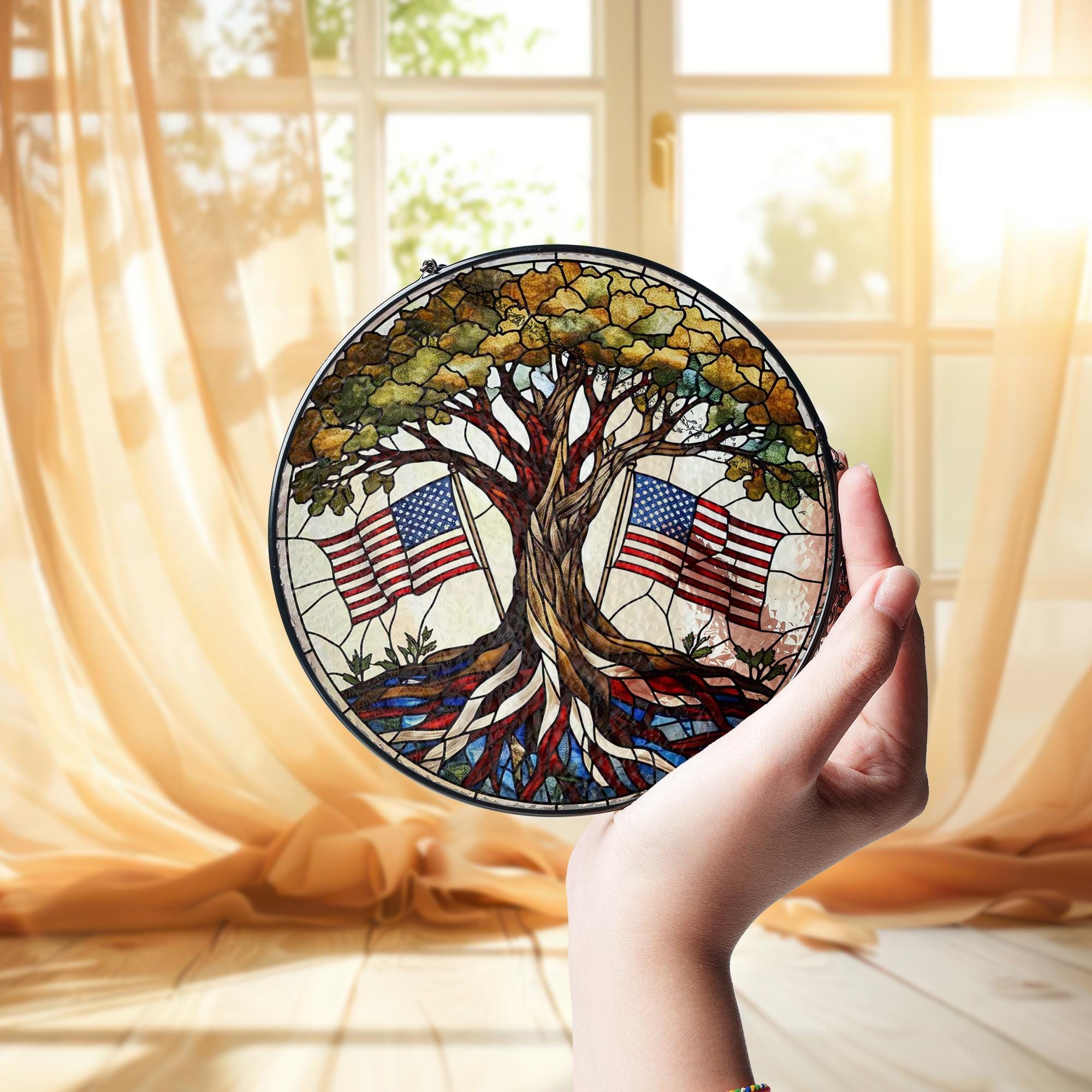 Patriotic Oak Tree and American Flag Glass Suncatcher | 4th of July Window Decor | USA Freedom Sun Catcher | Veteran Gift Idea