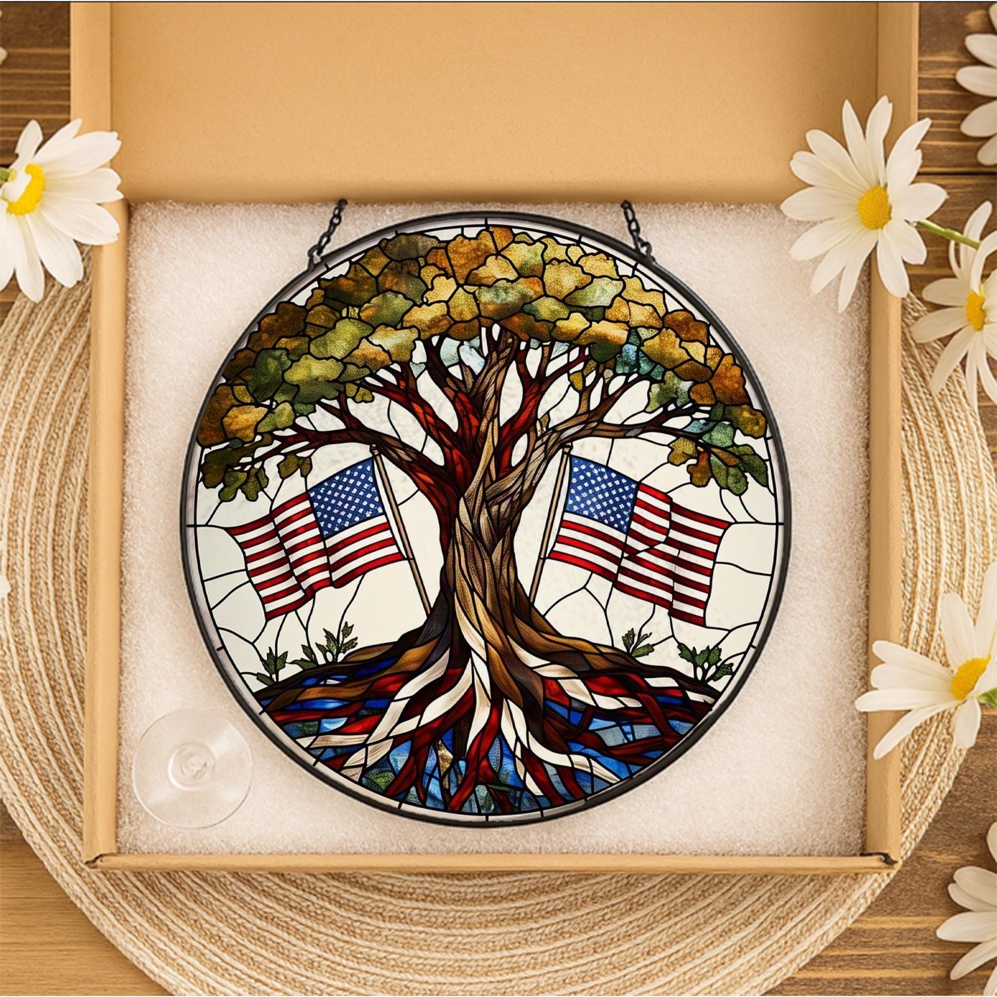 Patriotic Oak Tree and American Flag Glass Suncatcher | 4th of July Window Decor | USA Freedom Sun Catcher | Veteran Gift Idea