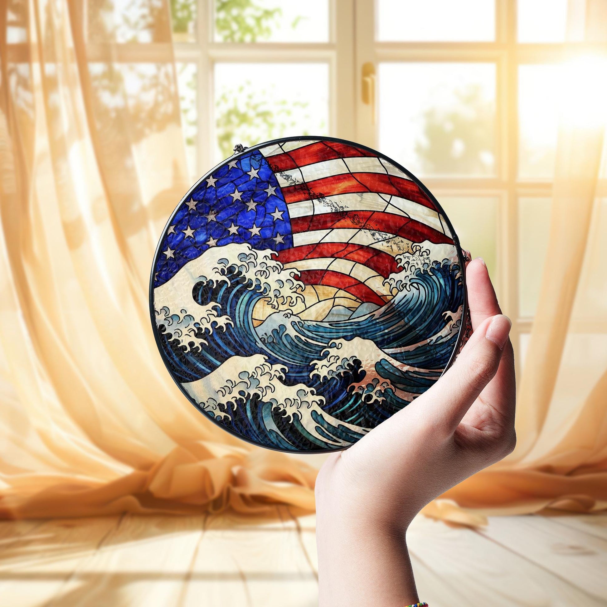 Patriotic Sea and American Flag Glass Suncatcher | Coastal 4th of July Window Decor | Ocean USA Sun Catcher | Nautical Freedom Gift