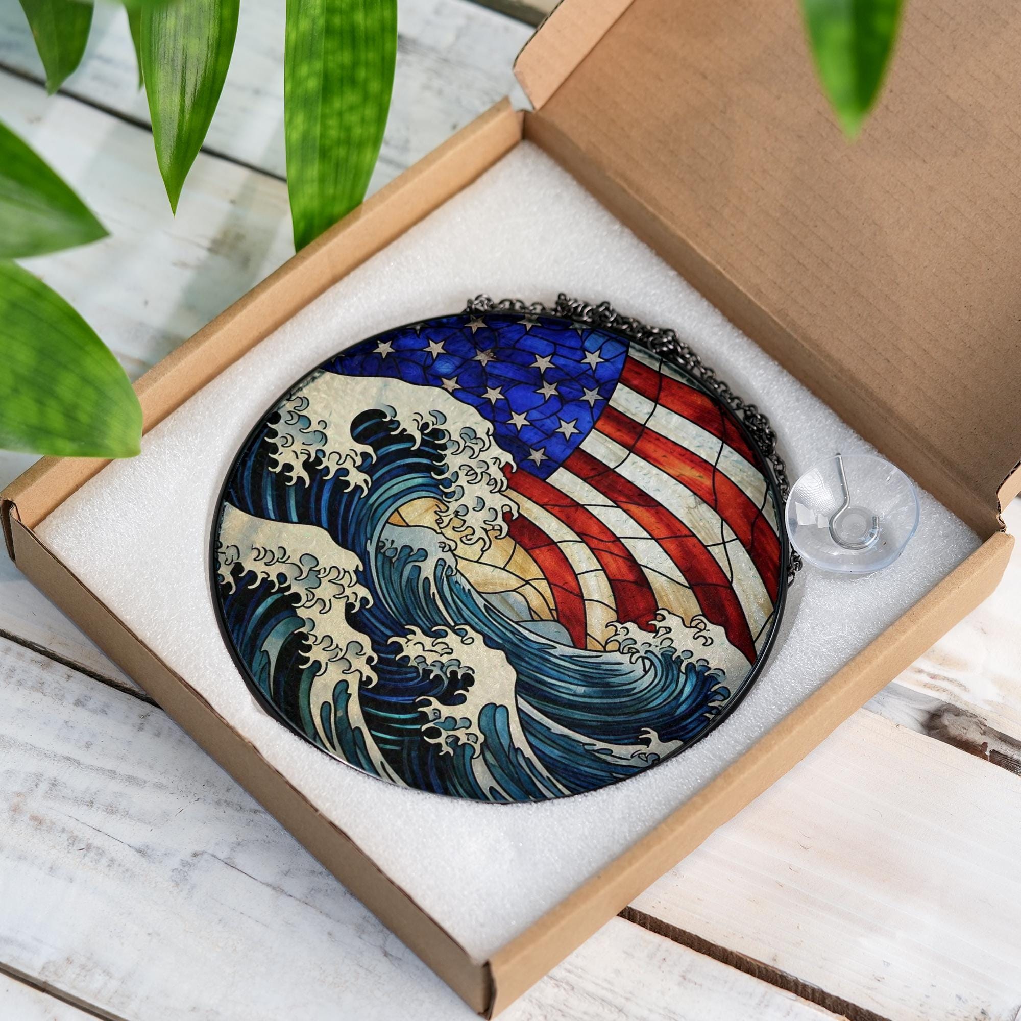 Patriotic Sea and American Flag Glass Suncatcher | Coastal 4th of July Window Decor | Ocean USA Sun Catcher | Nautical Freedom Gift
