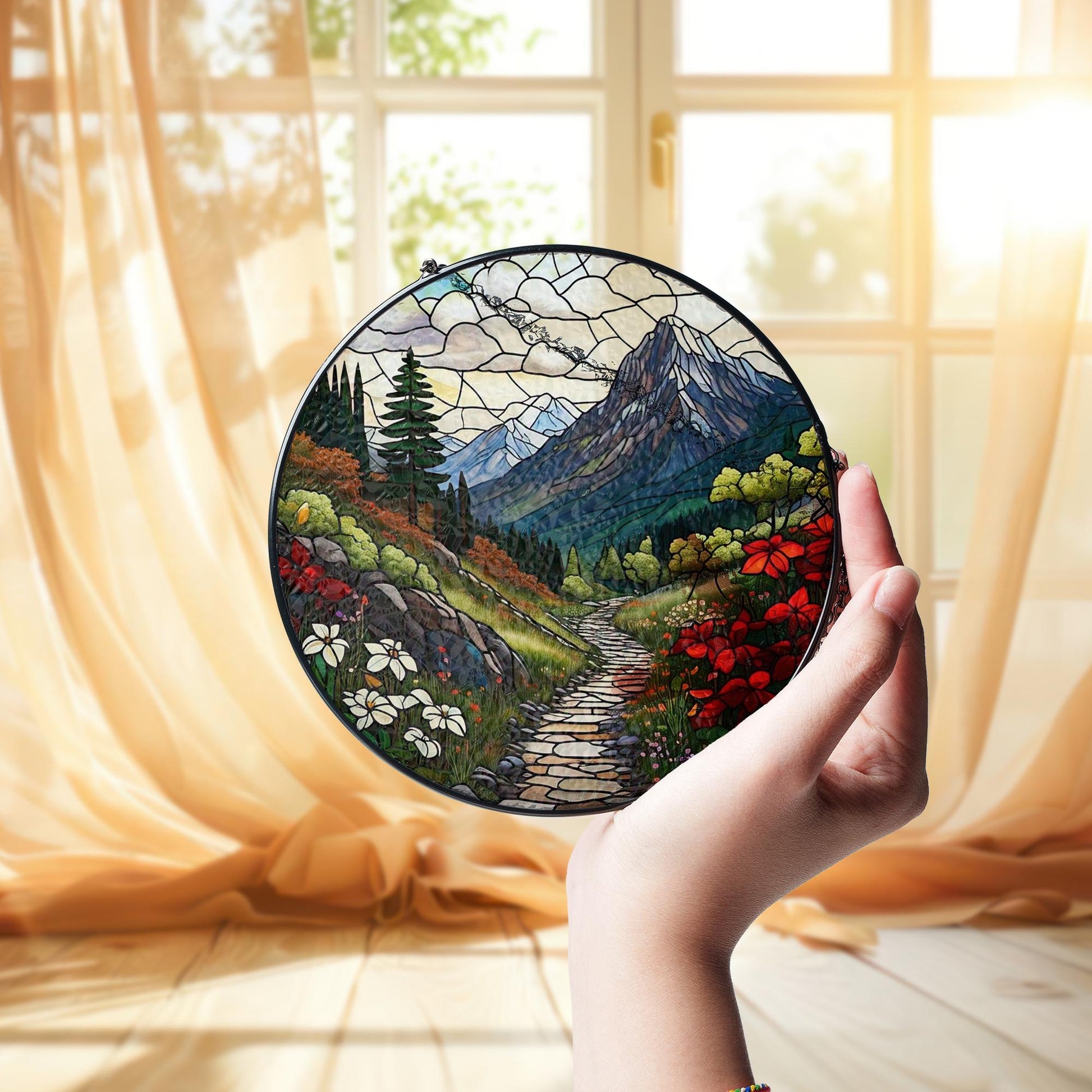 Mountain Glass Suncatcher | Nature Landscape Window Hanging | Rustic Cabin Decor | Outdoor Lover Gift | Handmade Mountain Art