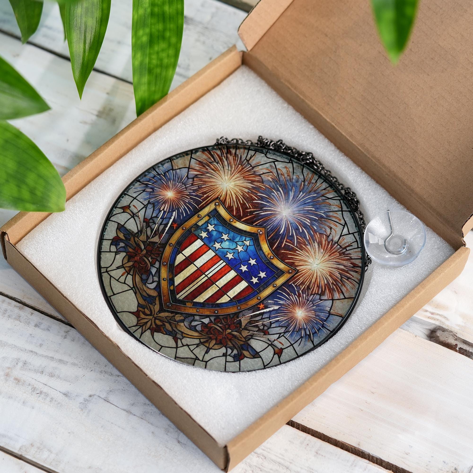 Patriotic Shield Glass Suncatcher | USA Fireworks Window Decor | 4th of July Stained Glass Art | Red White Blue Freedom Gift