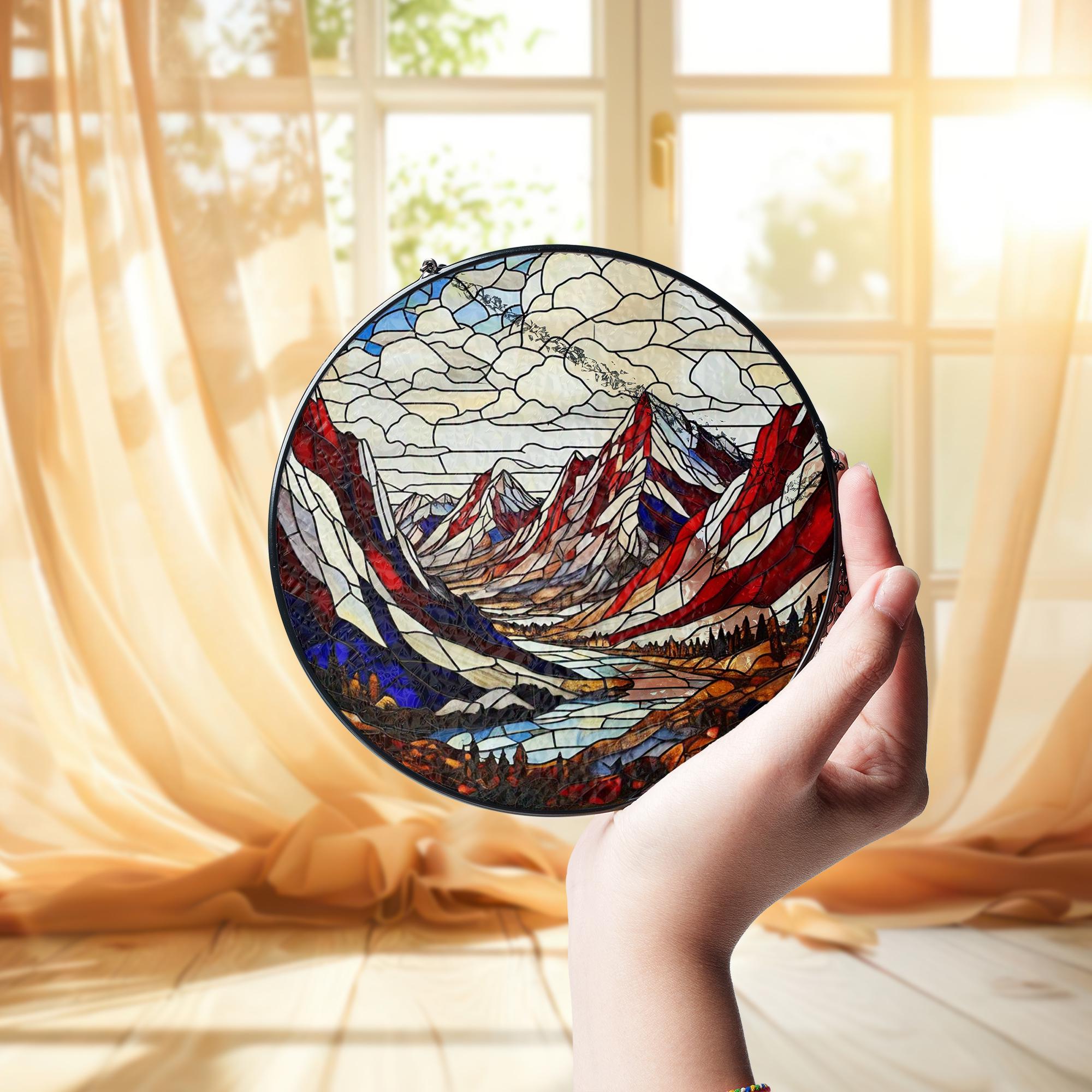 Patriotic Mountain Landscape Glass Suncatcher | Red White Blue Nature Window Art | Rustic Cabin Decor | Stained Glass USA Scene
