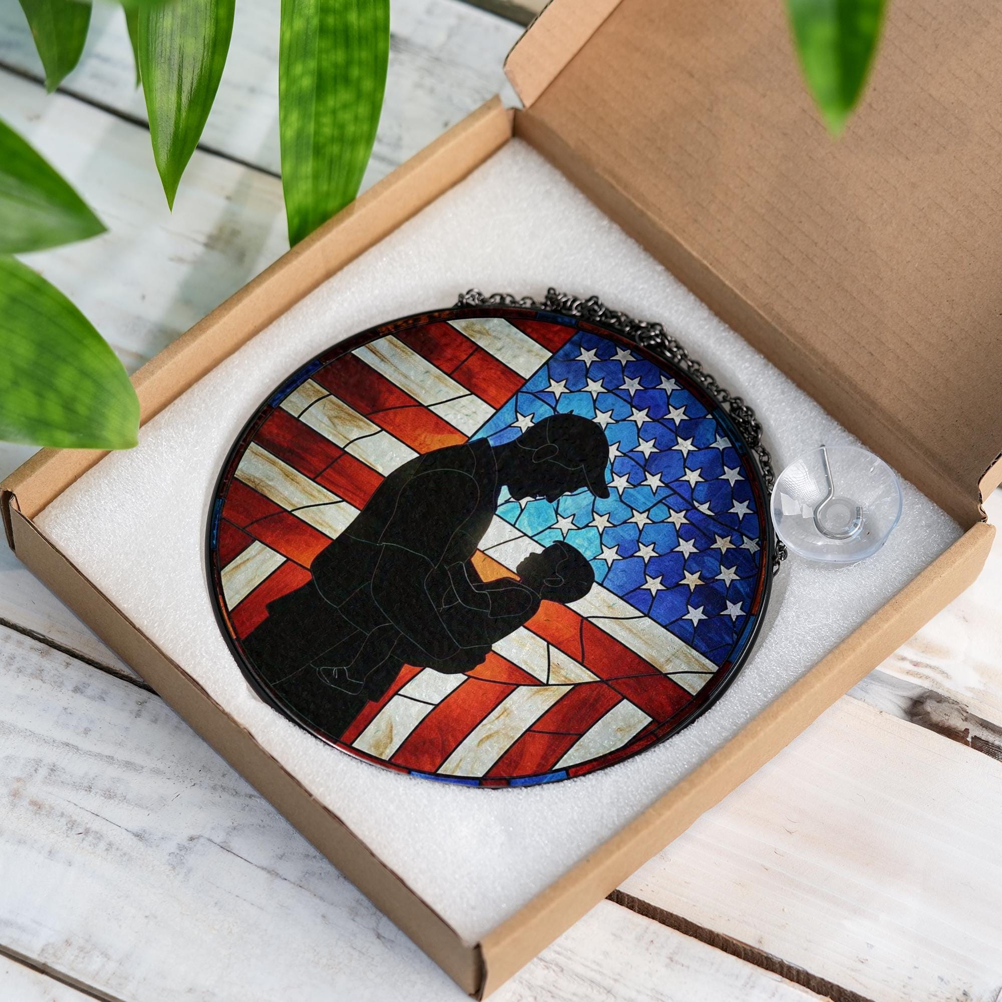 Patriotic Dad Silhouette Glass Suncatcher | USA Flag Father Gift | 4th of July Window Decor | Veteran Dad Stained Glass Art