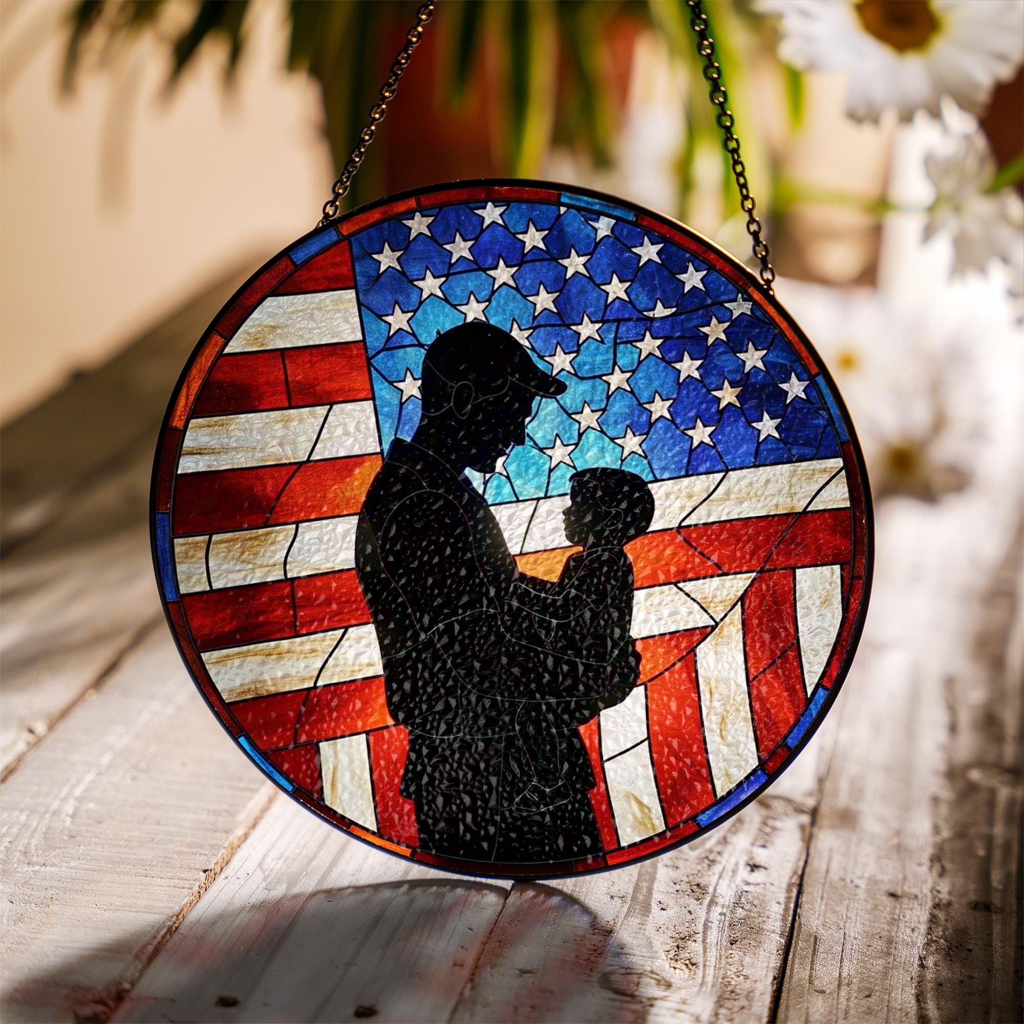 Patriotic Dad Silhouette Glass Suncatcher | USA Flag Father Gift | 4th of July Window Decor | Veteran Dad Stained Glass Art