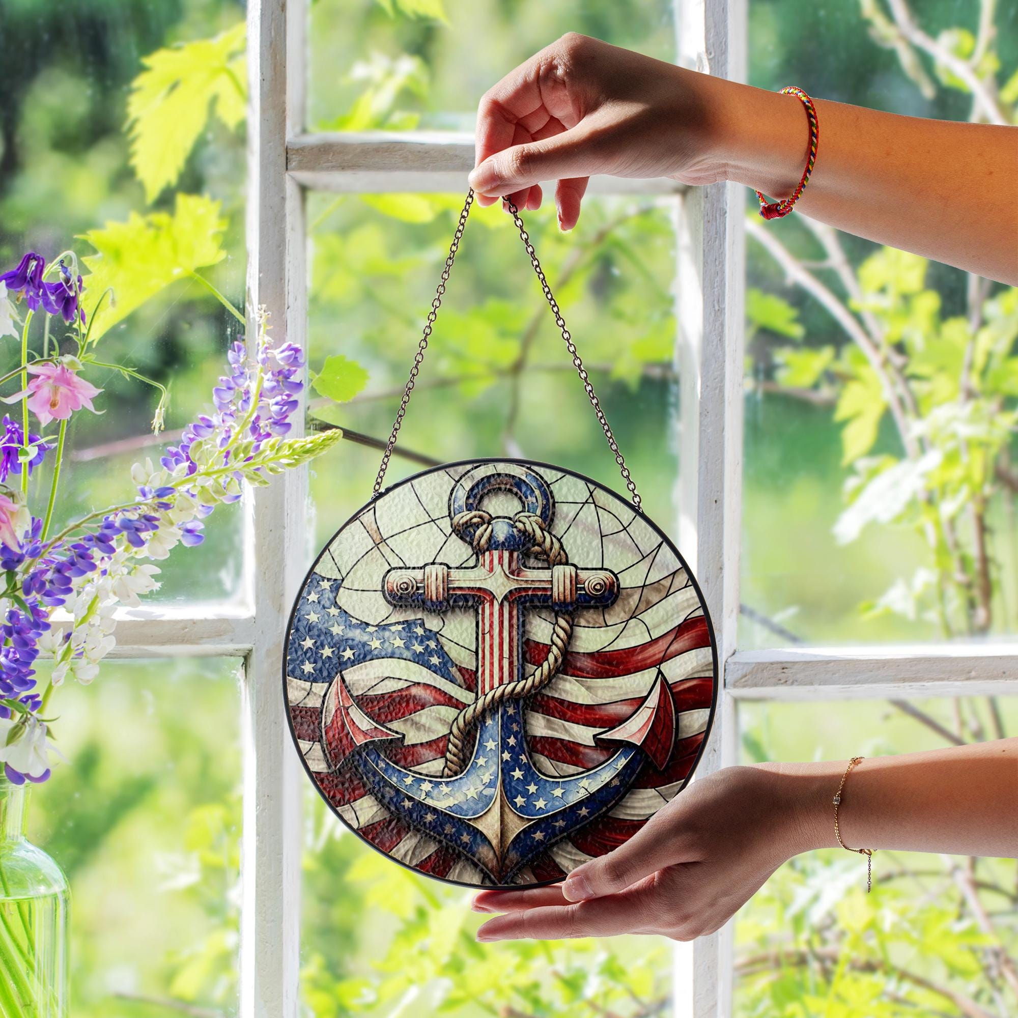 Patriotic Anchor Glass Suncatcher | American Flag Nautical Window Decor | 4th of July USA Coastal Gift | Red White Blue Sea Art