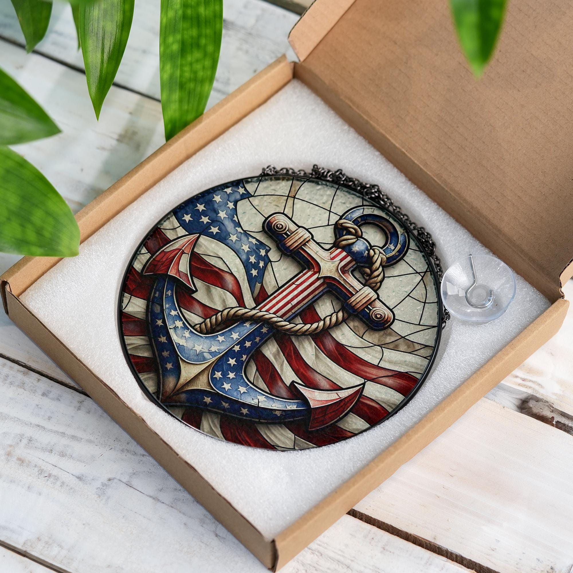 Patriotic Anchor Glass Suncatcher | American Flag Nautical Window Decor | 4th of July USA Coastal Gift | Red White Blue Sea Art