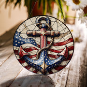 Patriotic Anchor Glass Suncatcher | American Flag Nautical Window Decor | 4th of July USA Coastal Gift | Red White Blue Sea Art