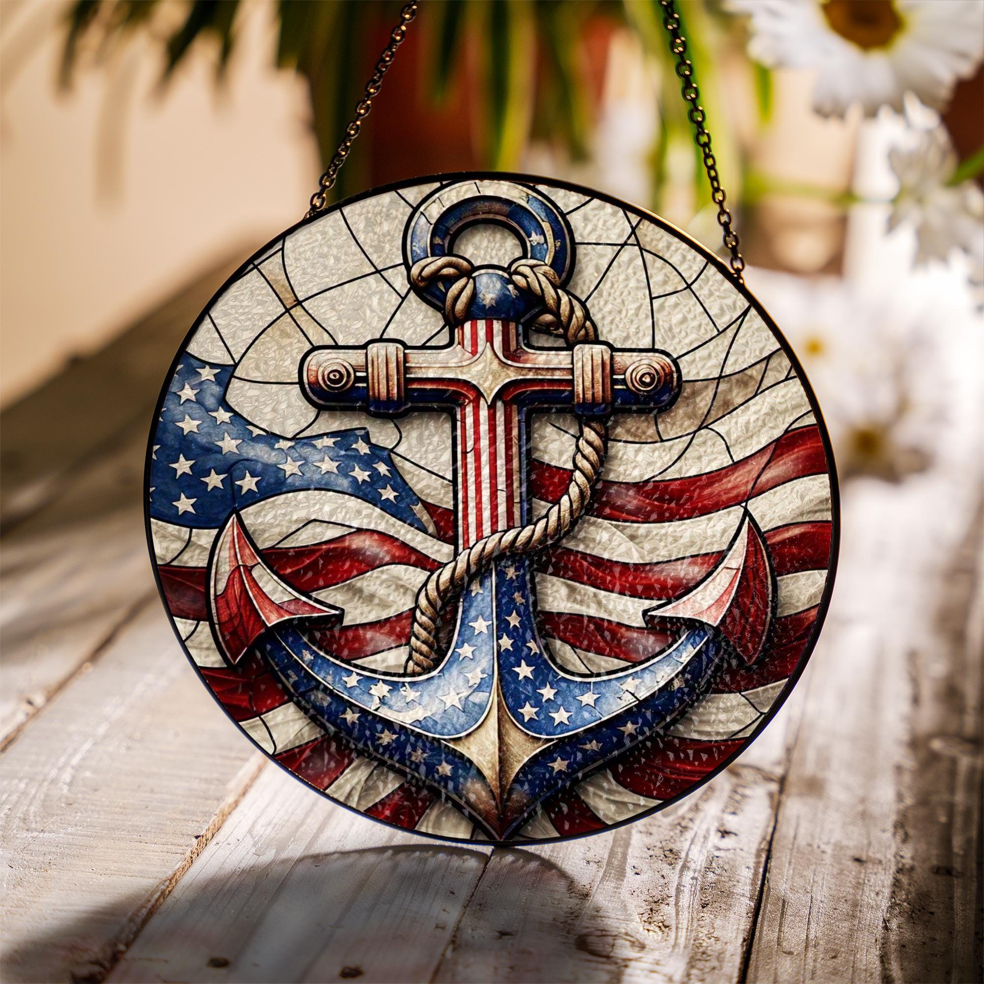Patriotic Anchor Glass Suncatcher | American Flag Nautical Window Decor | 4th of July USA Coastal Gift | Red White Blue Sea Art