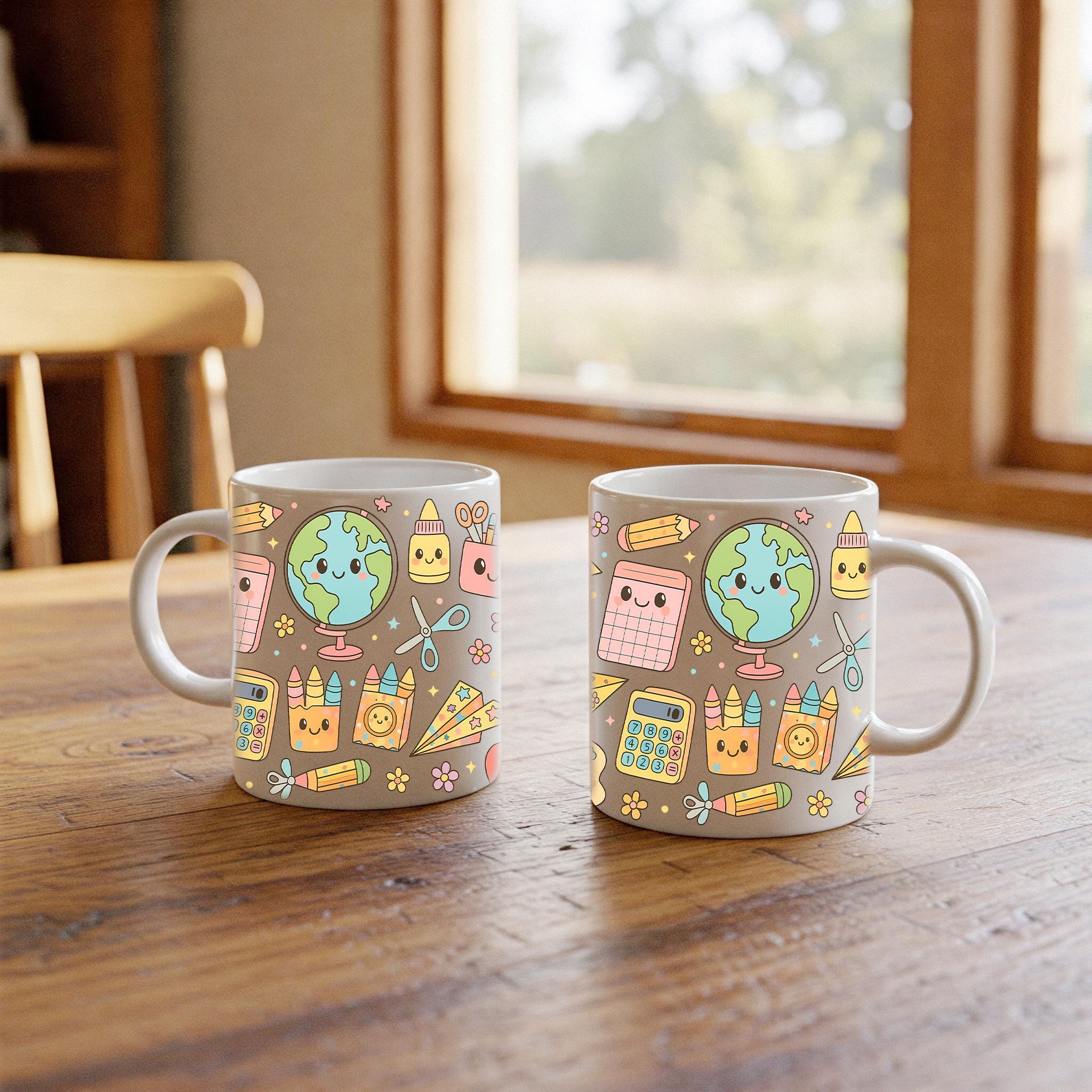 Cute Teacher Mug with Kawaii School Supplies | Back to School Teacher Gift | Fun Classroom Coffee Cup | End of Year Teacher Present