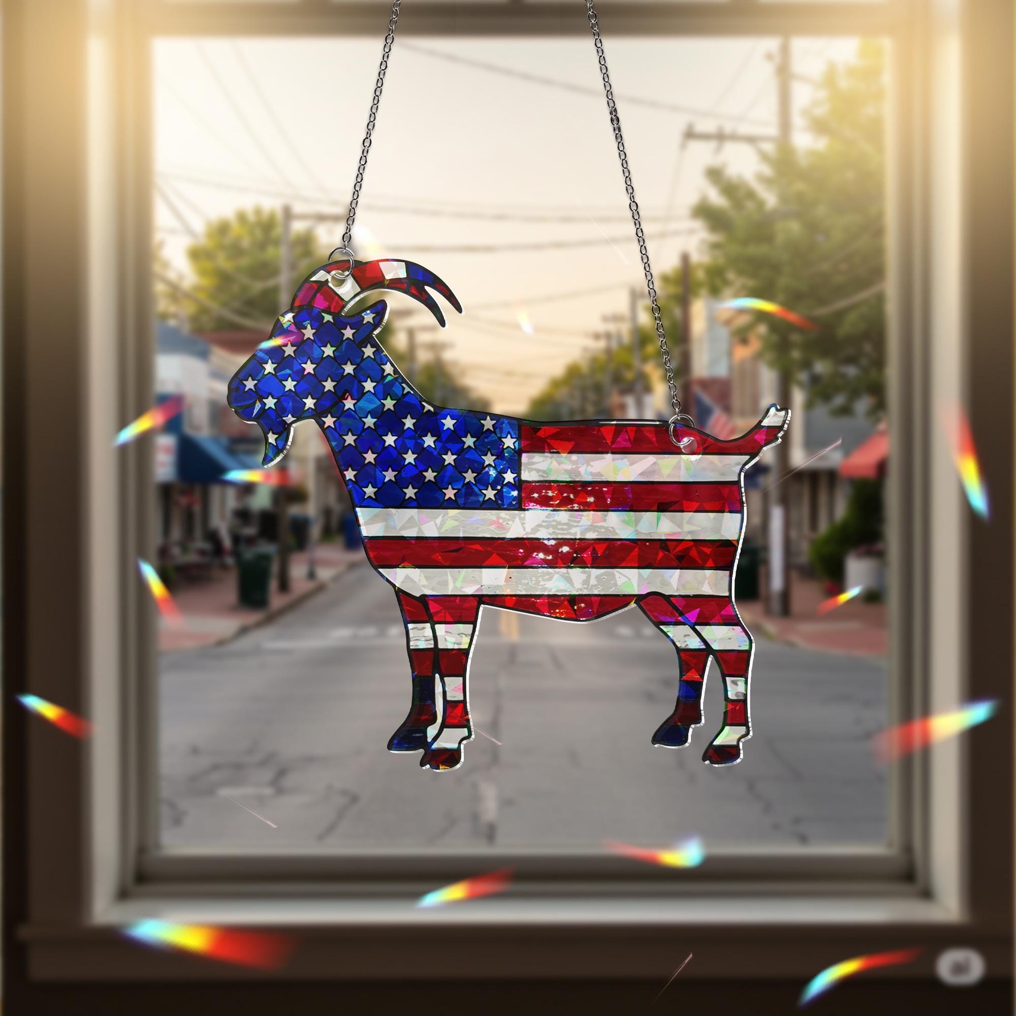 Patriotic Goat Window Hanging, American Flag Goat Suncatcher, Holographic Acrylic Farm Decor, USA Goat Gift, 4th of July Decor