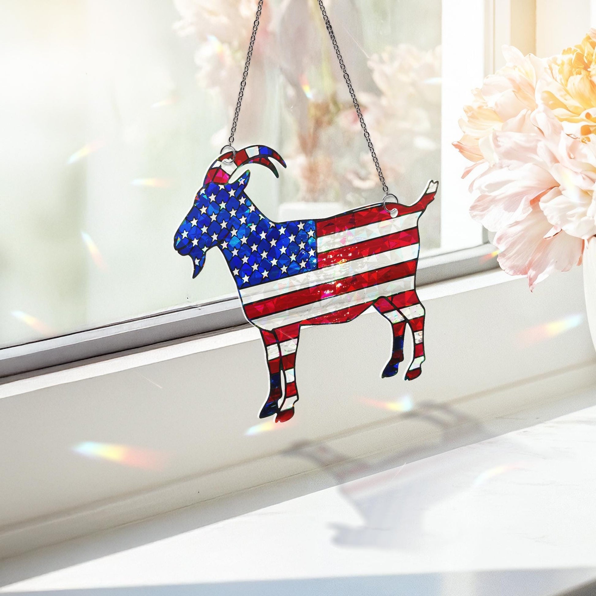 Patriotic Goat Window Hanging, American Flag Goat Suncatcher, Holographic Acrylic Farm Decor, USA Goat Gift, 4th of July Decor