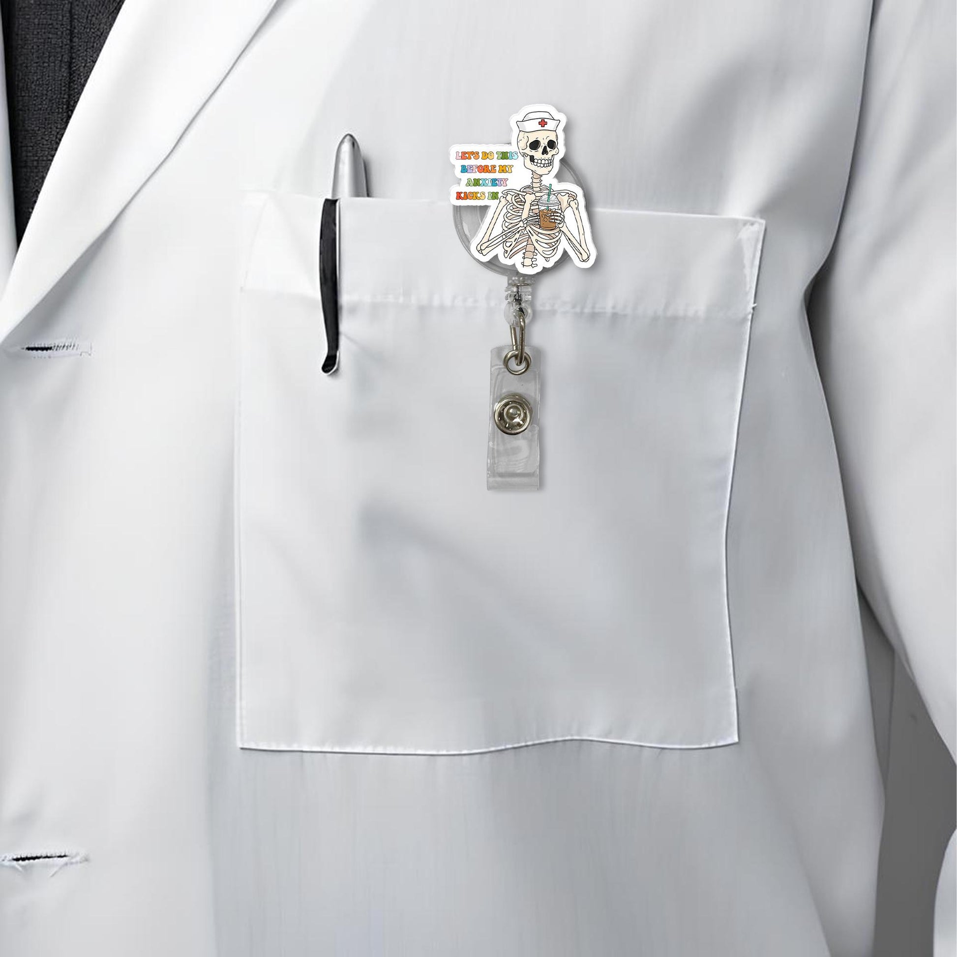 Anxiety Skeleton Badge Reel | Funny Mental Health ID Clip | Relatable Work Accessory | Nurse Badge Holder Gift | Dark Humor Reel