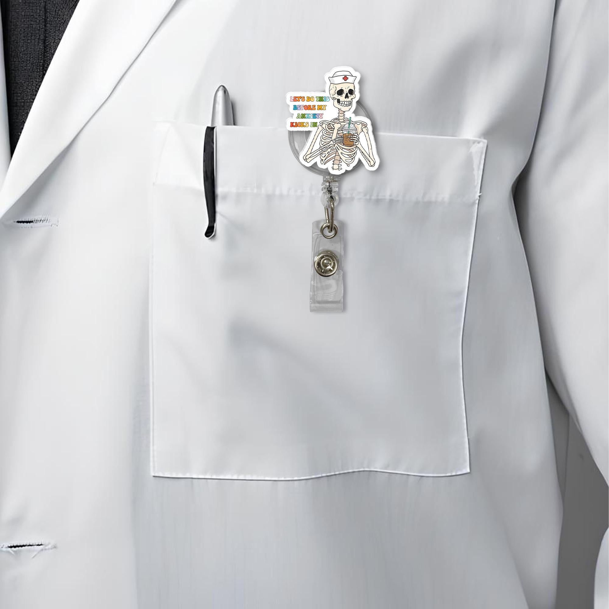 Anxiety Skeleton Badge Reel | Funny Mental Health ID Clip | Relatable Work Accessory | Nurse Badge Holder Gift | Dark Humor Reel