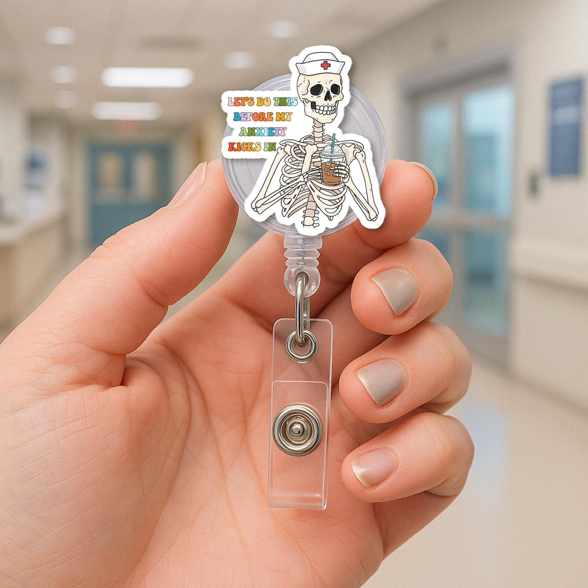 Anxiety Skeleton Badge Reel | Funny Mental Health ID Clip | Relatable Work Accessory | Nurse Badge Holder Gift | Dark Humor Reel
