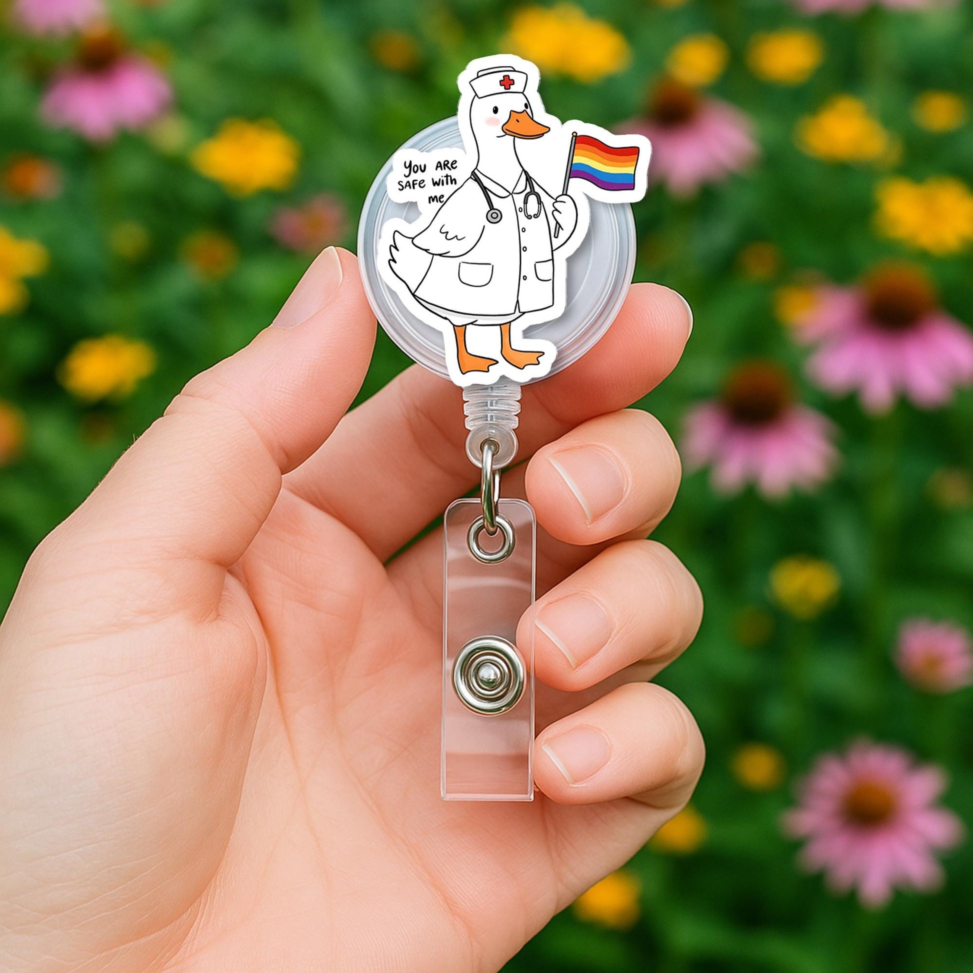 LGBT Pride Goose Badge Reel | Funny Rainbow ID Clip | Cute LGBTQ Work Accessory | Retractable Badge Holder Gift for Nurses