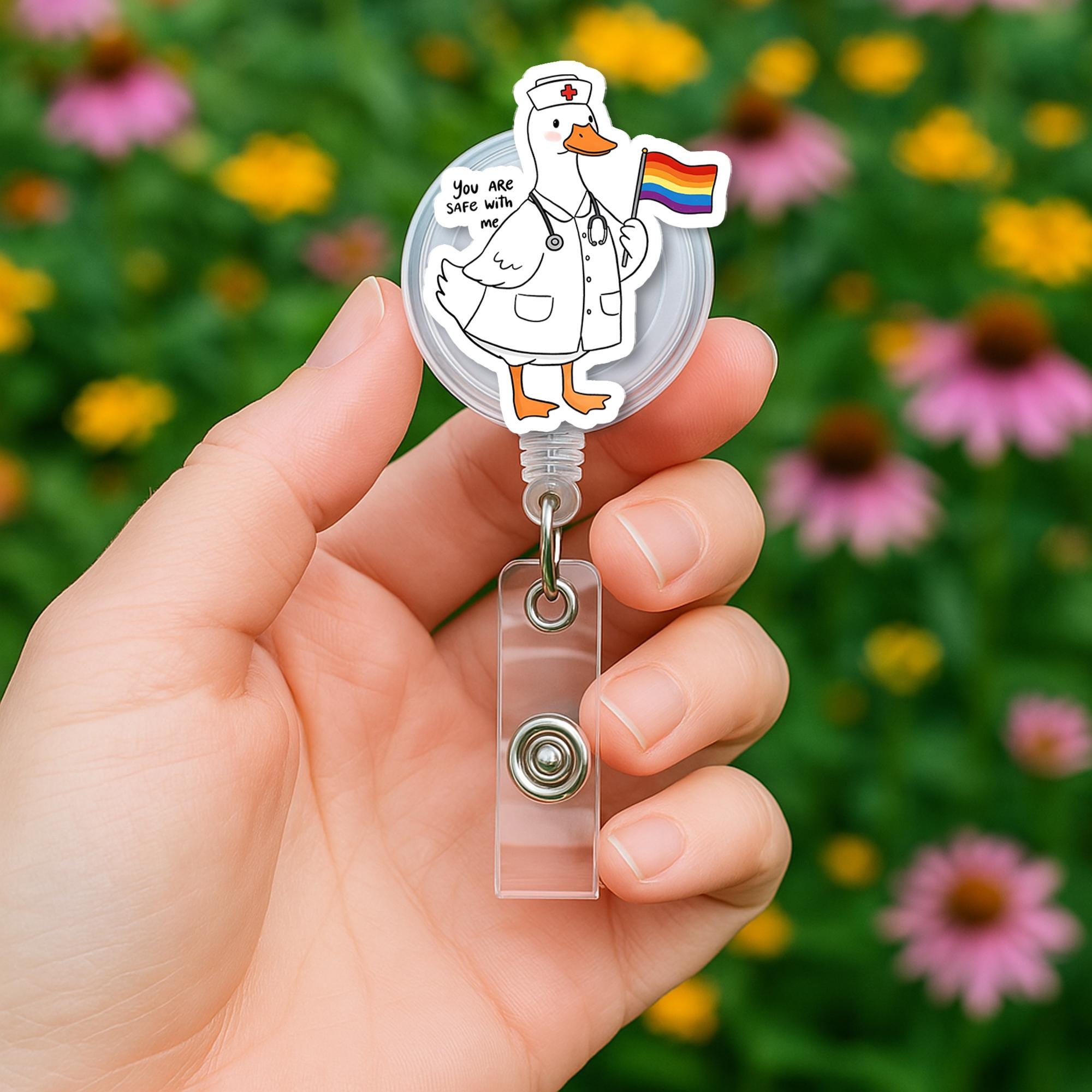 LGBT Pride Goose Badge Reel | Funny Rainbow ID Clip | Cute LGBTQ Work Accessory | Retractable Badge Holder Gift for Nurses
