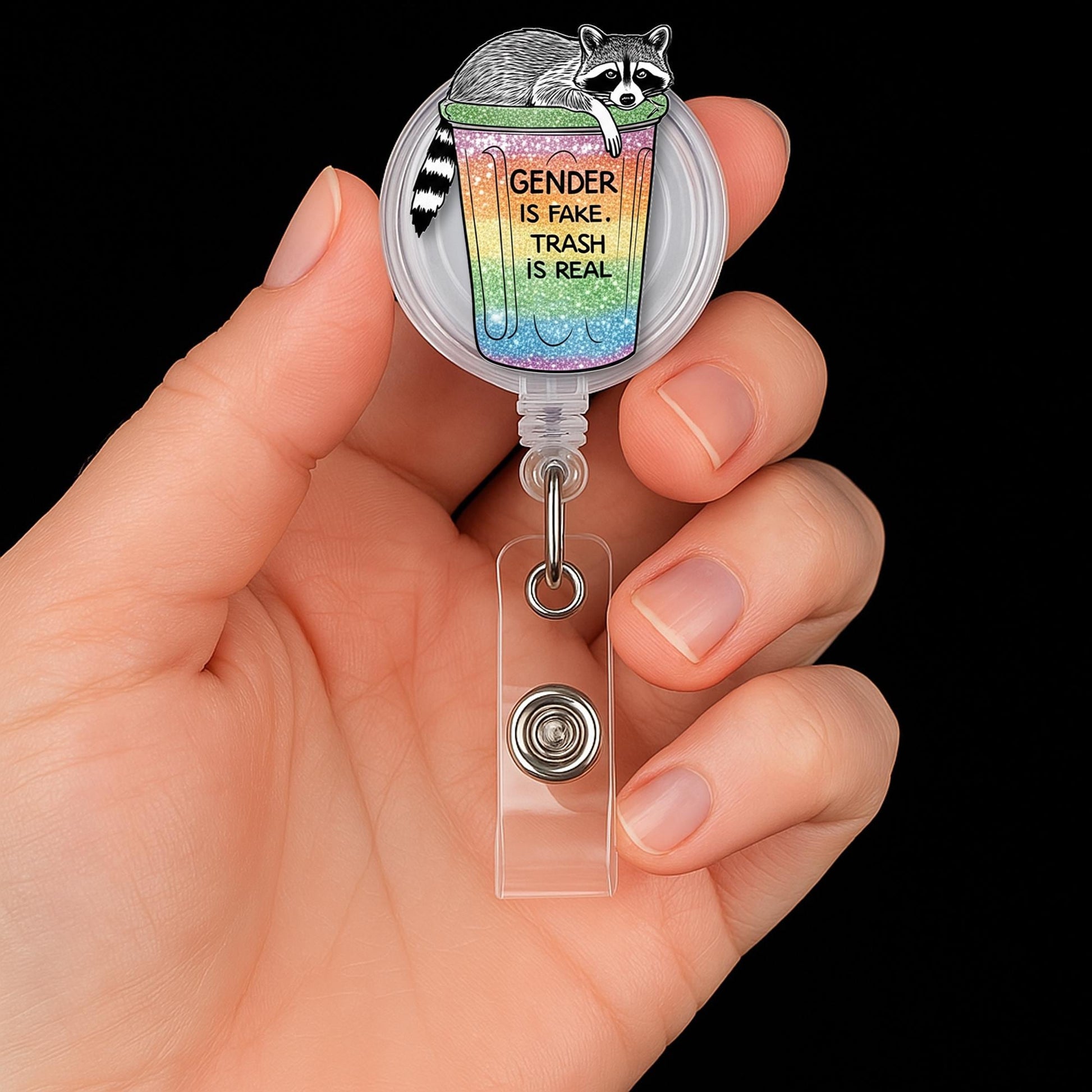 Funny LGBT Badge Reel, Raccoon ID Holder, Gender Is Fake Trash Is Real, Pride Badge Reel,Queer Nurse Badge,Retractable Clip,Trash Panda Gift