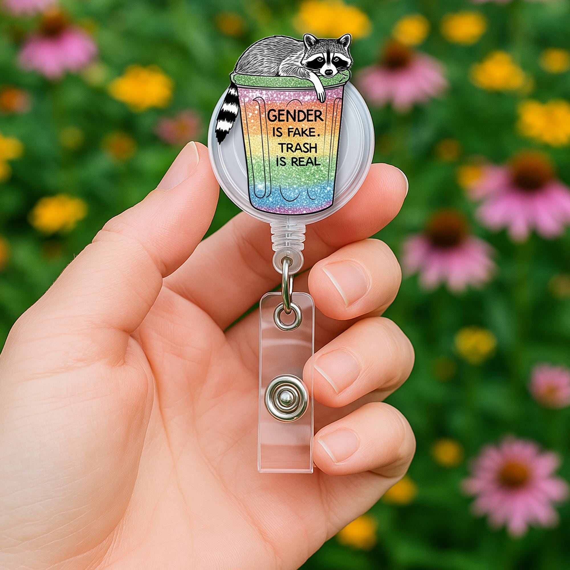 Funny LGBT Badge Reel, Raccoon ID Holder, Gender Is Fake Trash Is Real, Pride Badge Reel,Queer Nurse Badge,Retractable Clip,Trash Panda Gift