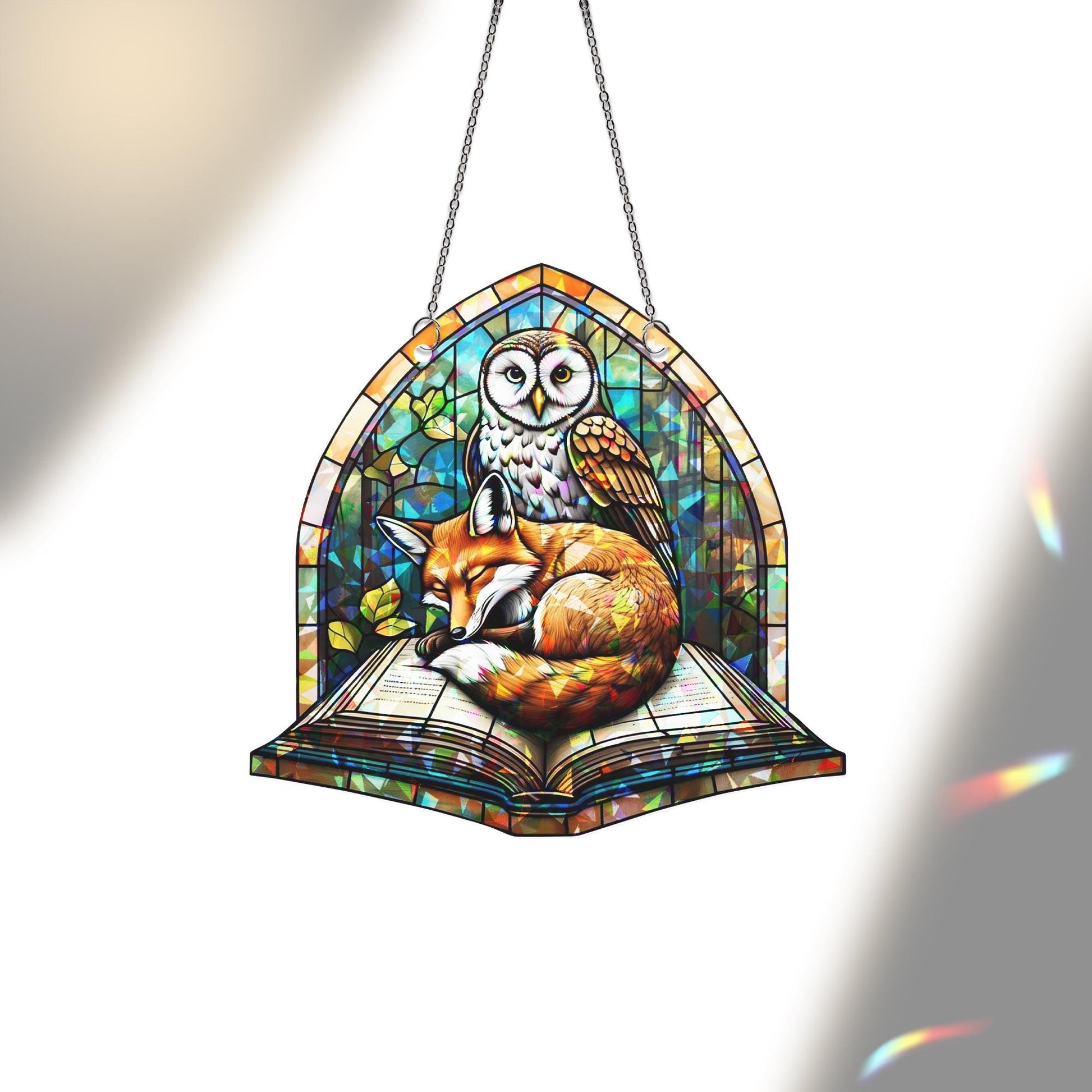 Fox and Owl Book Suncatcher | Holographic Acrylic Window Decor | Woodland Reading Nook Gift | Cozy Forest Art