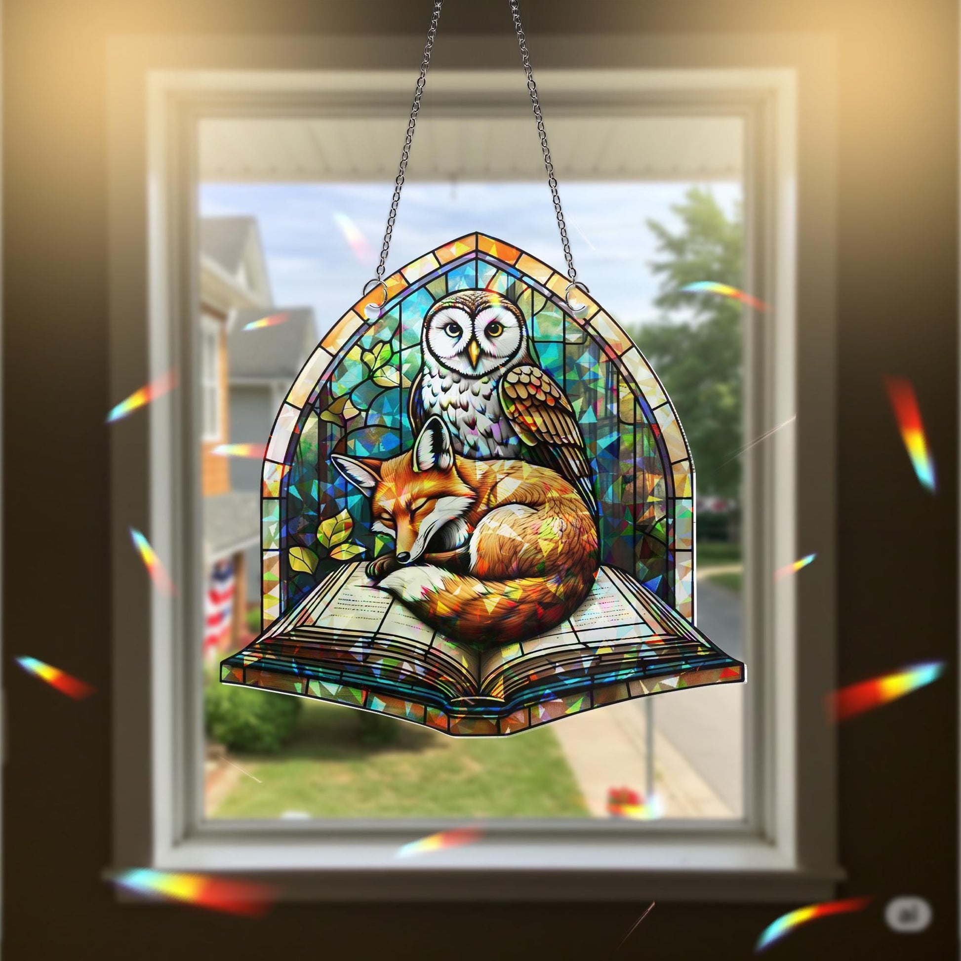 Fox and Owl Book Suncatcher | Holographic Acrylic Window Decor | Woodland Reading Nook Gift | Cozy Forest Art