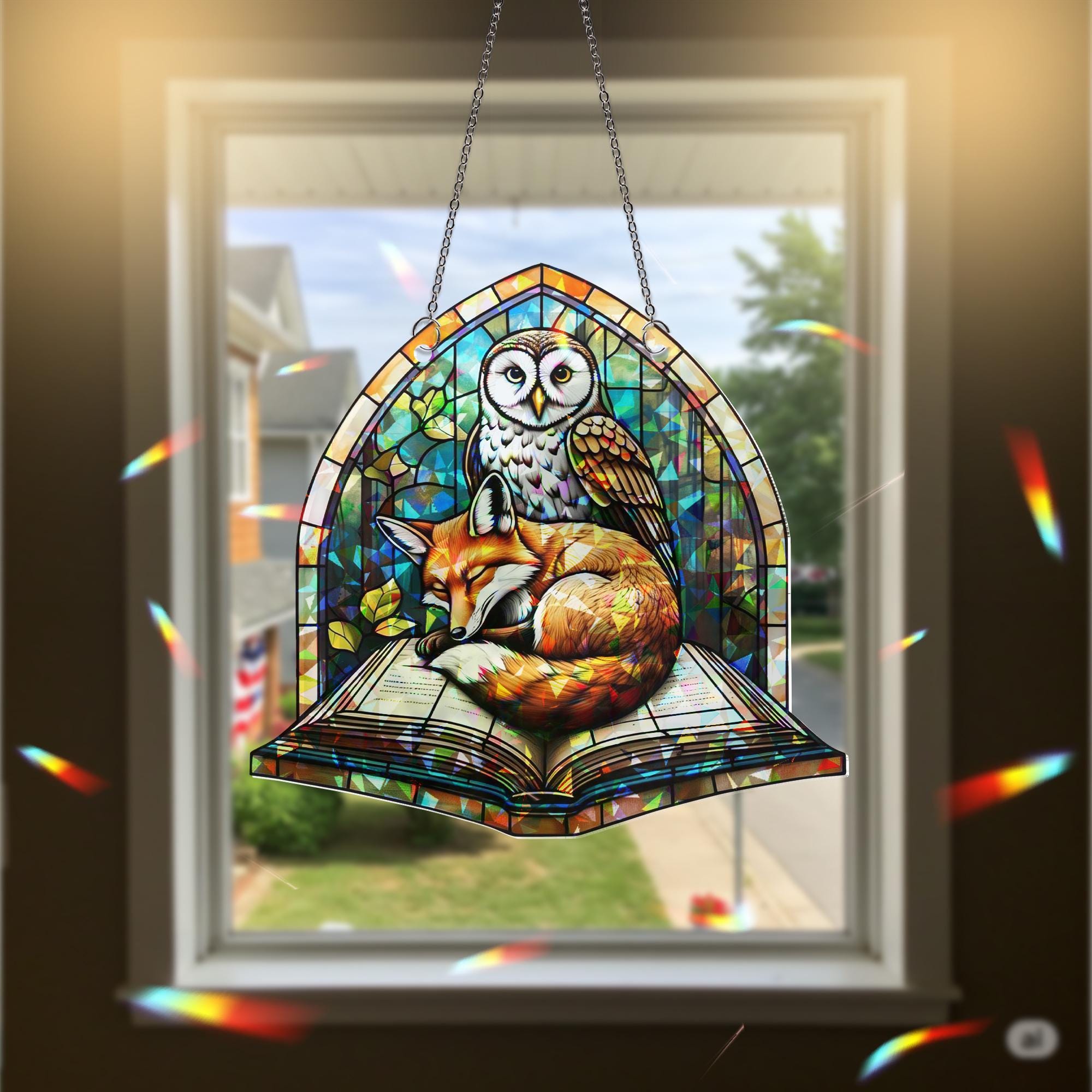 Fox and Owl Book Suncatcher | Holographic Acrylic Window Decor | Woodland Reading Nook Gift | Cozy Forest Art