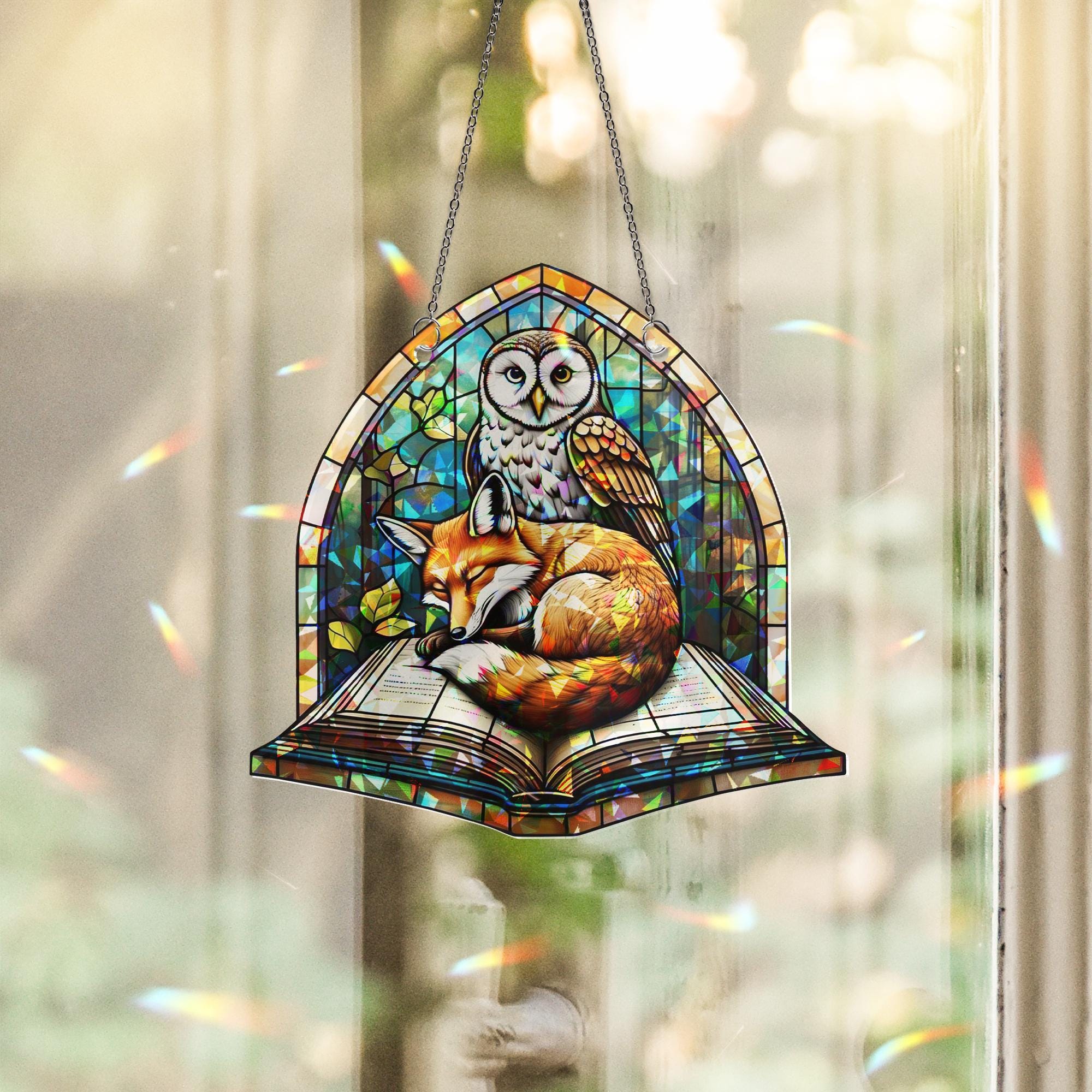 Fox and Owl Book Suncatcher | Holographic Acrylic Window Decor | Woodland Reading Nook Gift | Cozy Forest Art