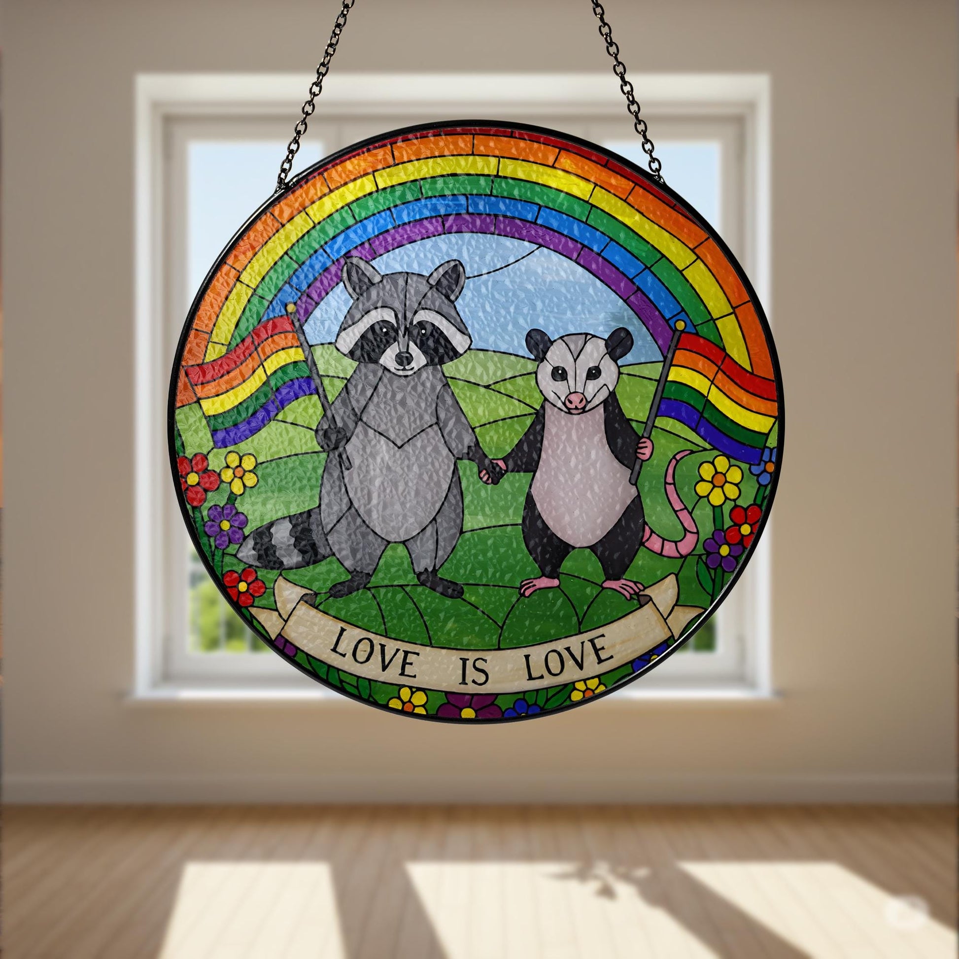 LGBT Trash panda Decor, Love Is Love GLASS Suncatcher, Rainbow Animal Art, LGBT Raccoon Possum Decor, Pride Glass Hanging, Queer Cottagecore
