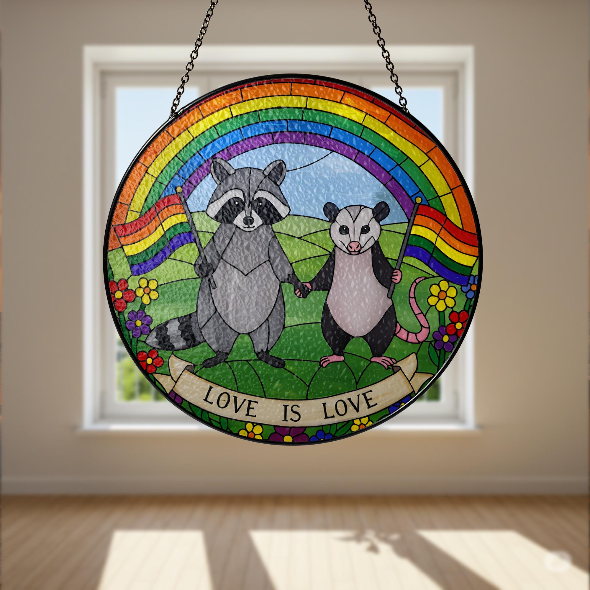 LGBT Trash panda Decor, Love Is Love GLASS Suncatcher, Rainbow Animal Art, LGBT Raccoon Possum Decor, Pride Glass Hanging, Queer Cottagecore