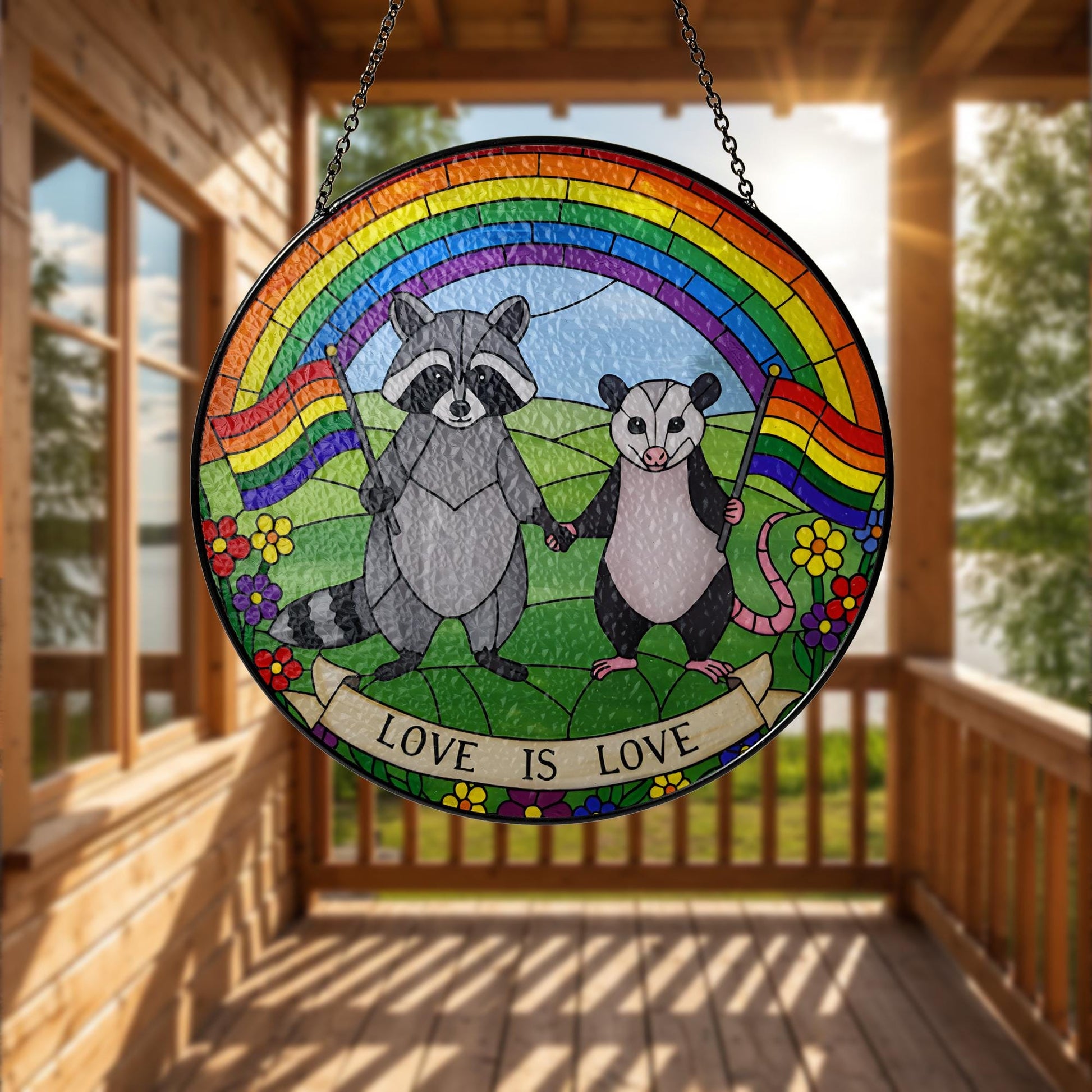 LGBT Trash panda Decor, Love Is Love GLASS Suncatcher, Rainbow Animal Art, LGBT Raccoon Possum Decor, Pride Glass Hanging, Queer Cottagecore