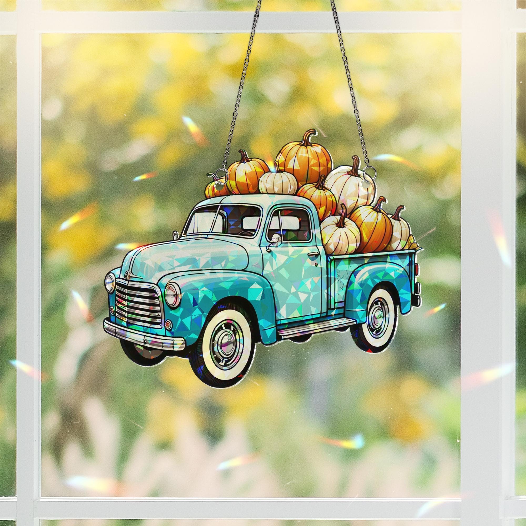 Pumpkin Truck Acrylic Window Hanging – Fall Autumn Suncatcher with Pumpkins, Seasonal Farmhouse Decor for Front Door or Window