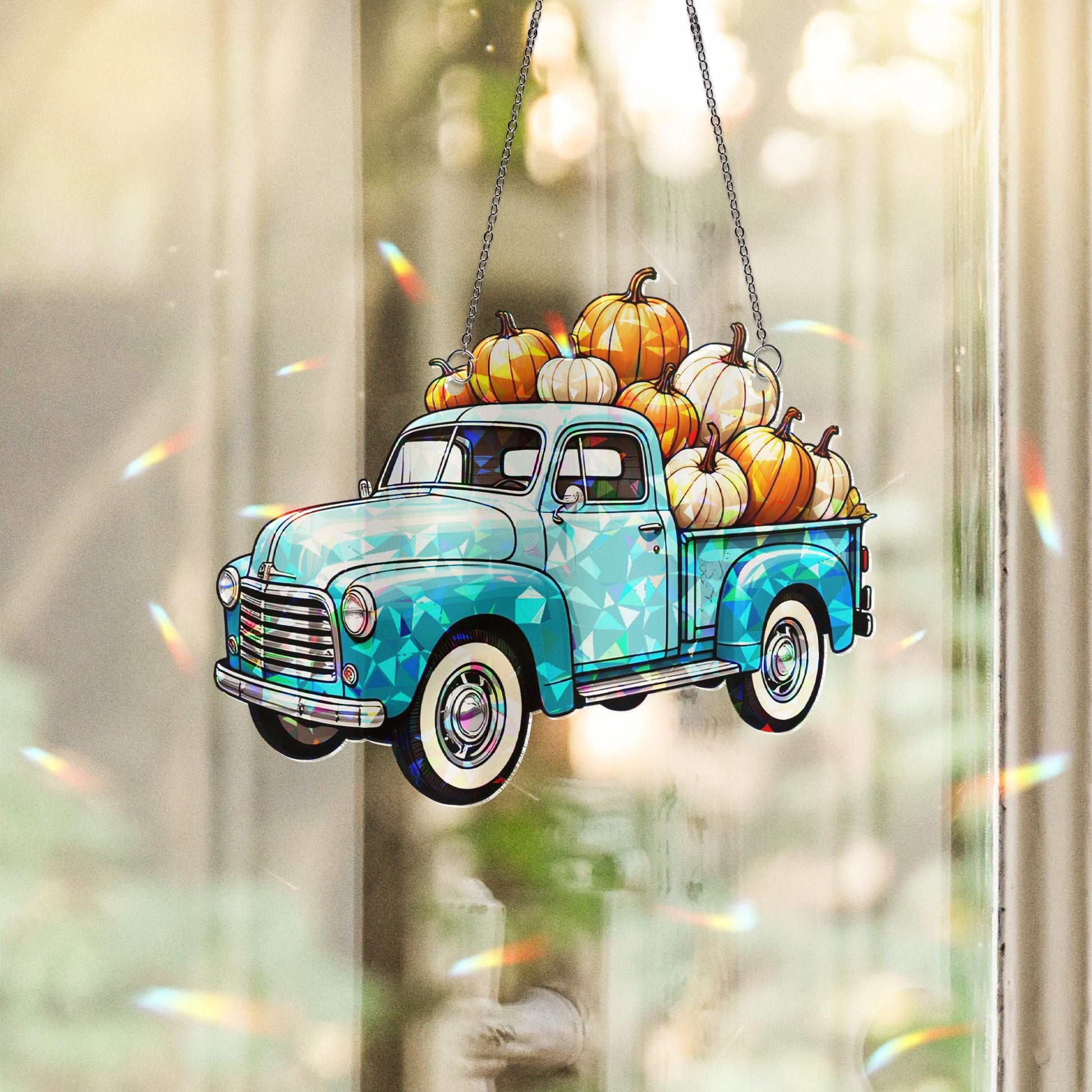 Pumpkin Truck Acrylic Window Hanging – Fall Autumn Suncatcher with Pumpkins, Seasonal Farmhouse Decor for Front Door or Window