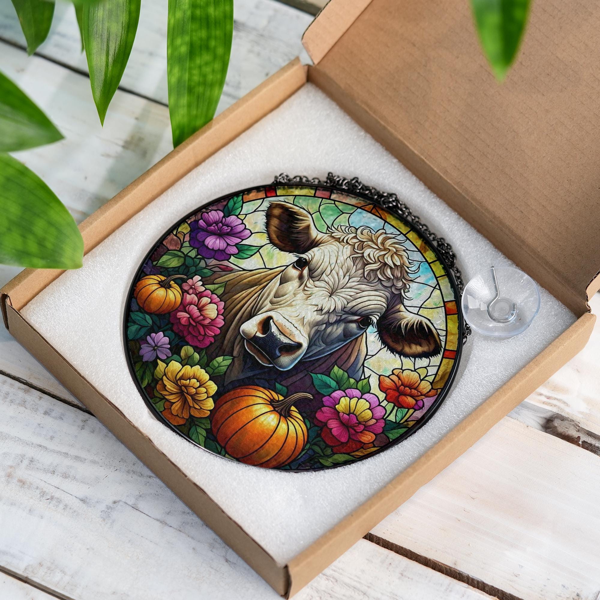 Autumn Cow Glass Suncatcher – Farmhouse Fall Window Hanging with Pumpkins & Flowers, Rustic Country Decor for Autumn Season